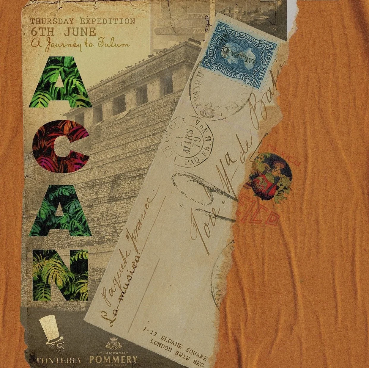 A collage featuring a vintage-style postcard with handwritten text and postmarks, a postage stamp, and a large colorful letter spelling "A C A" with tropical leaf patterns, placed on a wooden surface.
