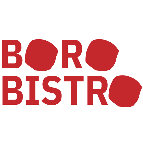 Logo for Boro Bistro with text in bold red letters on a black background, featuring illustrated red stones.