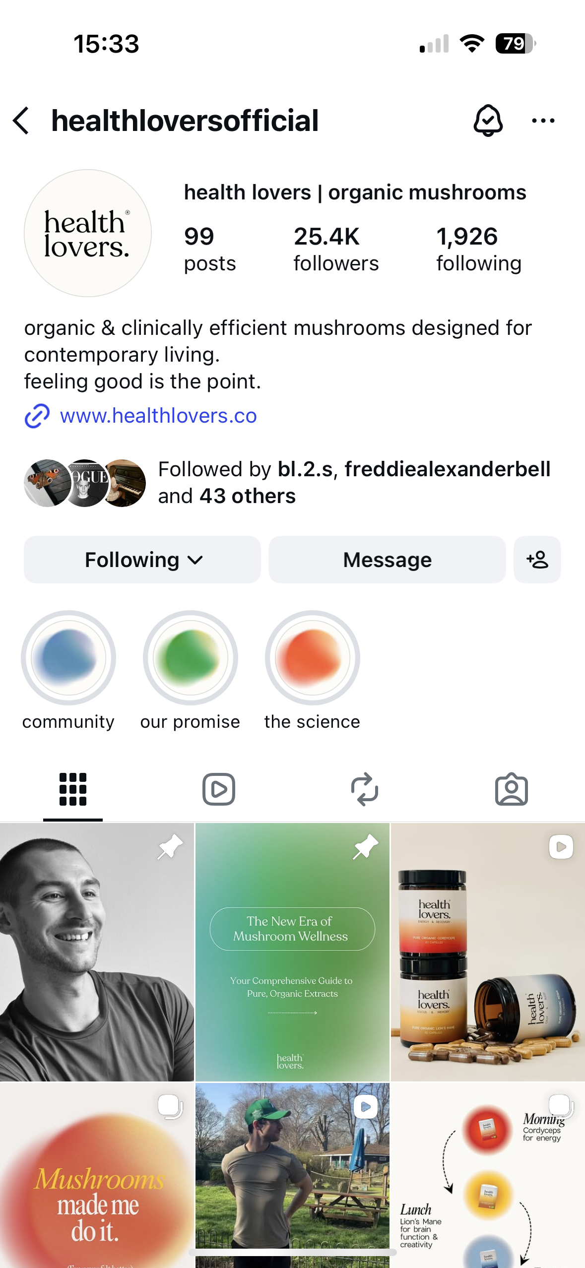 Instagram profile page for health lovers, a brand that offers organic mushrooms, featuring posts about mushroom wellness, products, and benefits.