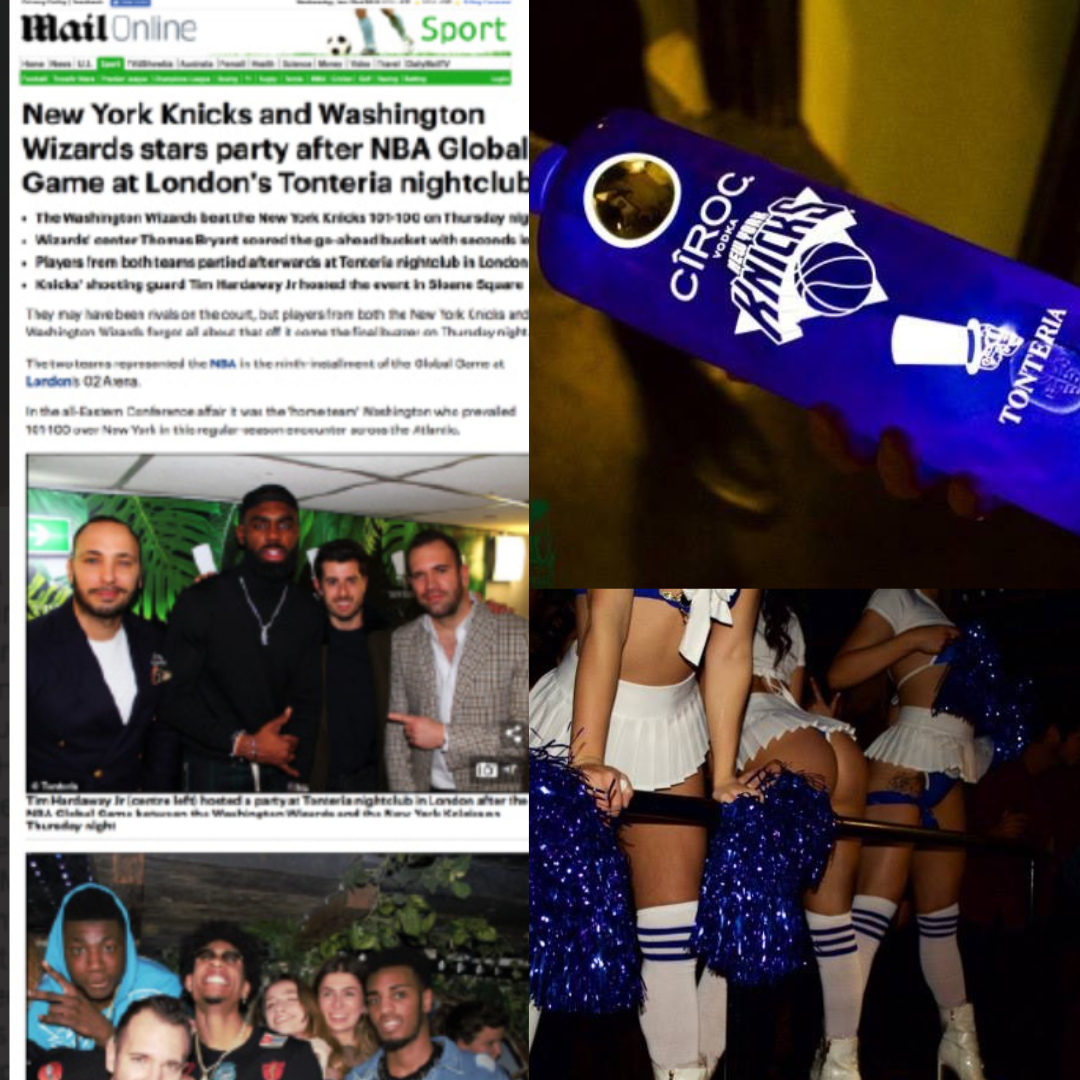Collage of four images: 1) a screenshot of a news article about NBA stars' party at London nightclub; 2) a hand holding a blue T-shirt with New York Knicks logo and Tottenham Hotspur emblem; 3) a group of four men dressed for an event or party, smiling for the camera; 4) a group of cheerleaders in white and blue outfits holding pom-poms, showing legs and skirts.