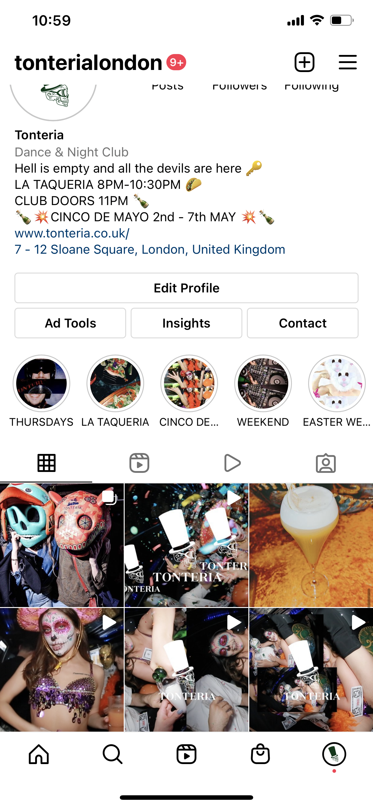 Screenshot of a social media profile for Tonteria, a dance and night club in London, with event details for Cinco de Mayo, promotional images, and videos of party scenes.