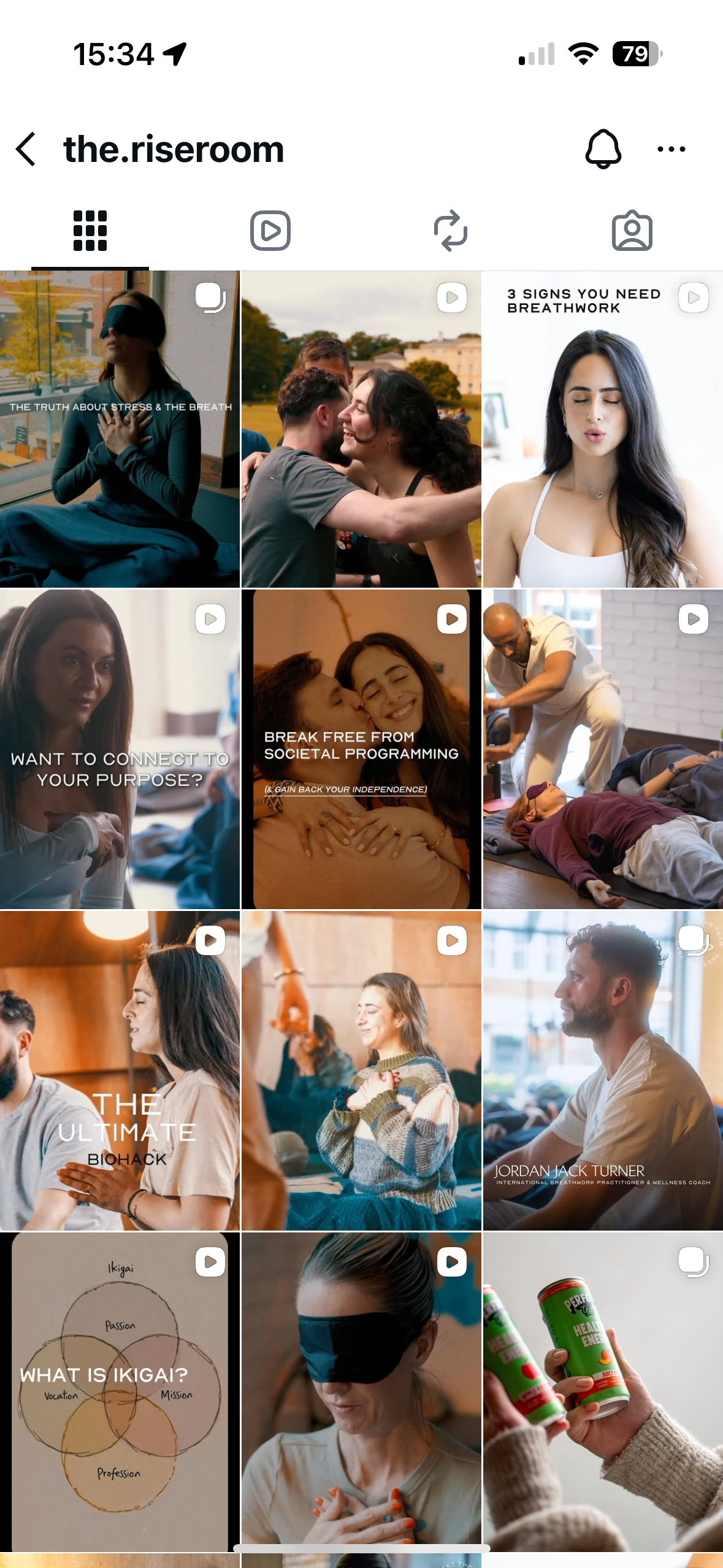 Collage of social media videos and images related to stress management, breathing techniques, societal programming, self-connection, and biohacking, featuring people practicing meditation, yoga, and mindfulness activities.
