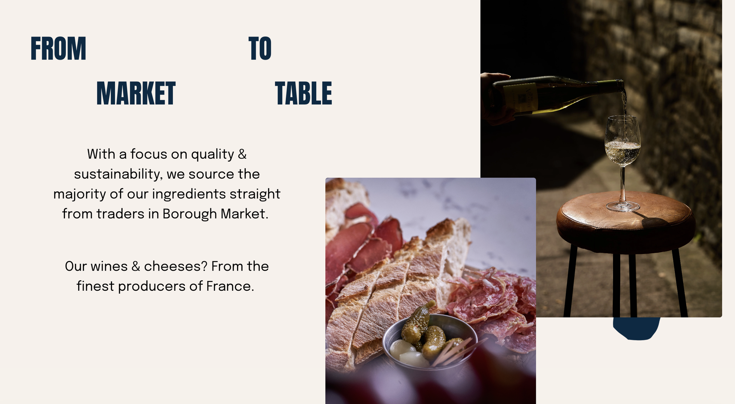 A promotional webpage for a wine and cheese shop, featuring the text 'From Market to Table' and a photo of a cheese and charcuterie plate with pickles, alongside an image of a wine glass being filled from a bottle, set on a wooden stool outside.