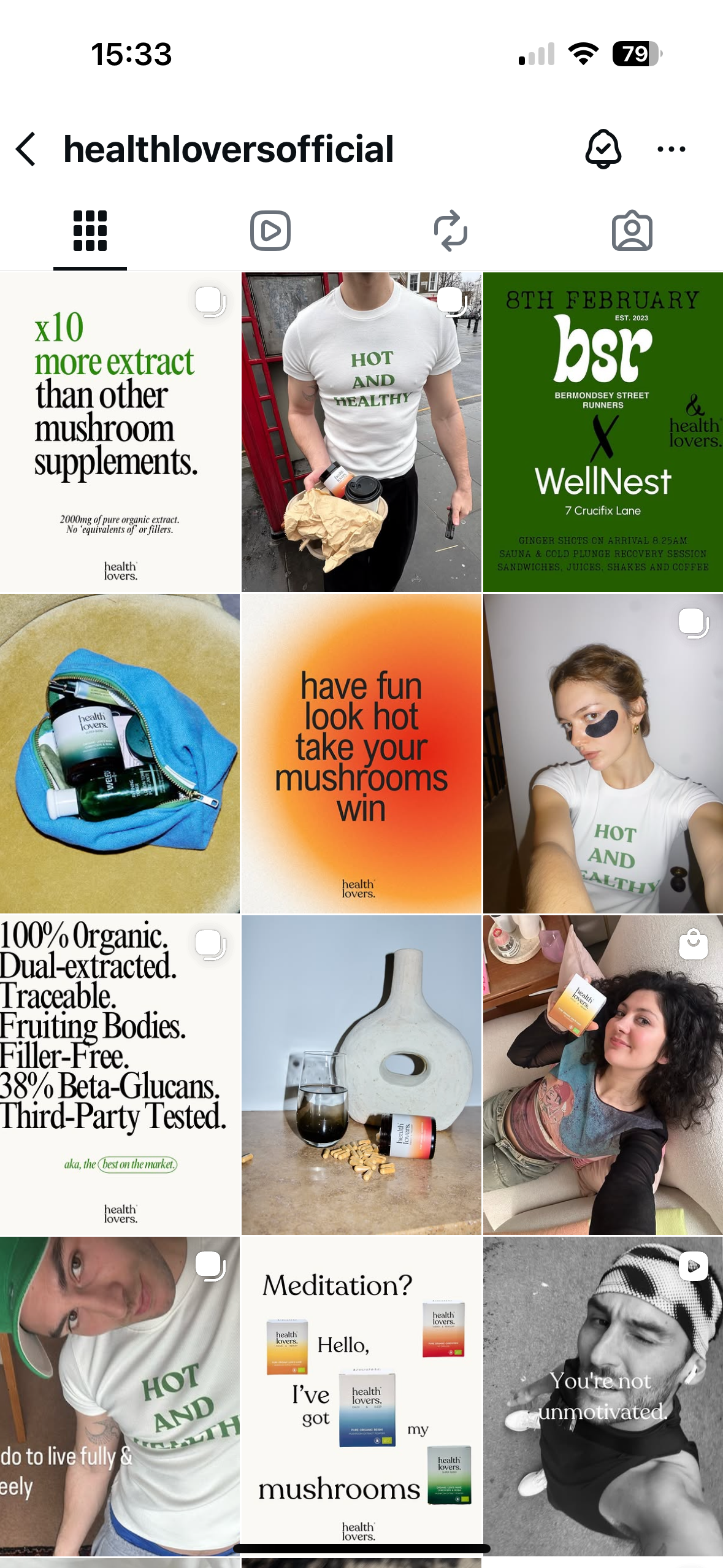Screenshots of social media posts promoting mushroom supplements with images of people, products, and text emphasizing health benefits and brand information.