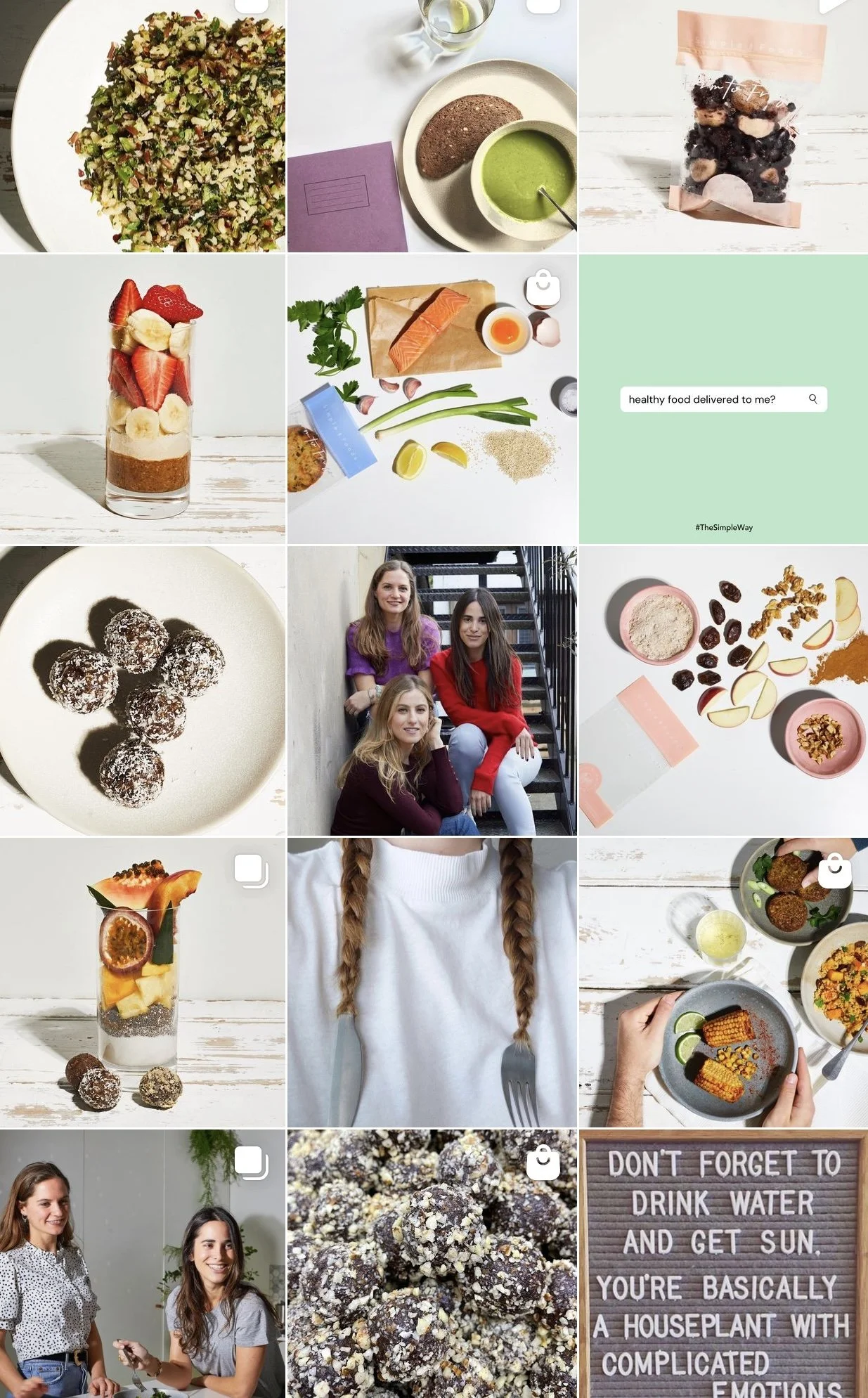 A collage of various foods, drinks, and people. It includes salads, smoothies, desserts, and meal ingredients, as well as group photos of women and motivational message on a board.