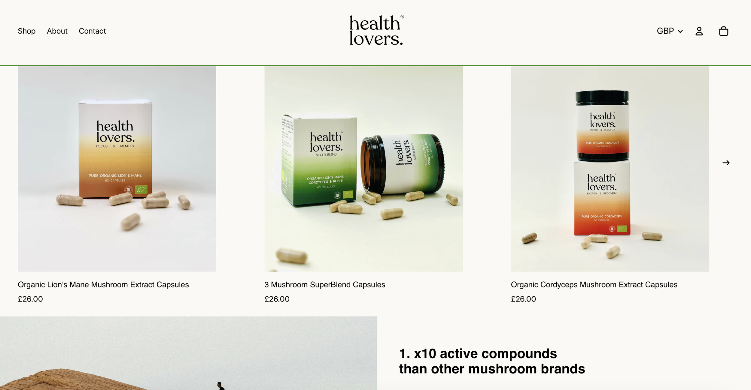 Three different types of mushroom extract capsules from health lovers, each in packaging with capsules spilled around, on a white background.