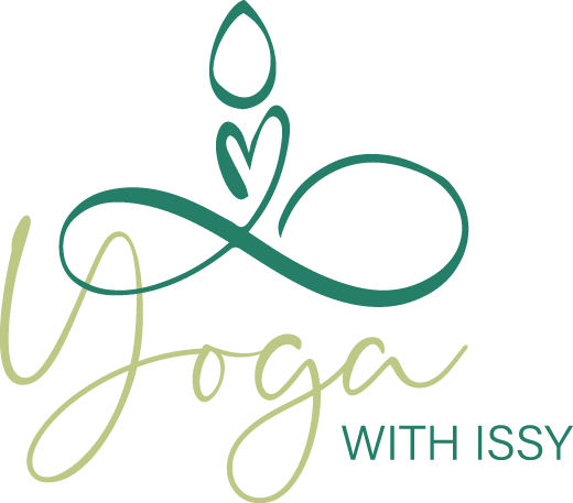 Logo with a stylized figure in a yoga pose and the text 'Yoga with Issy'