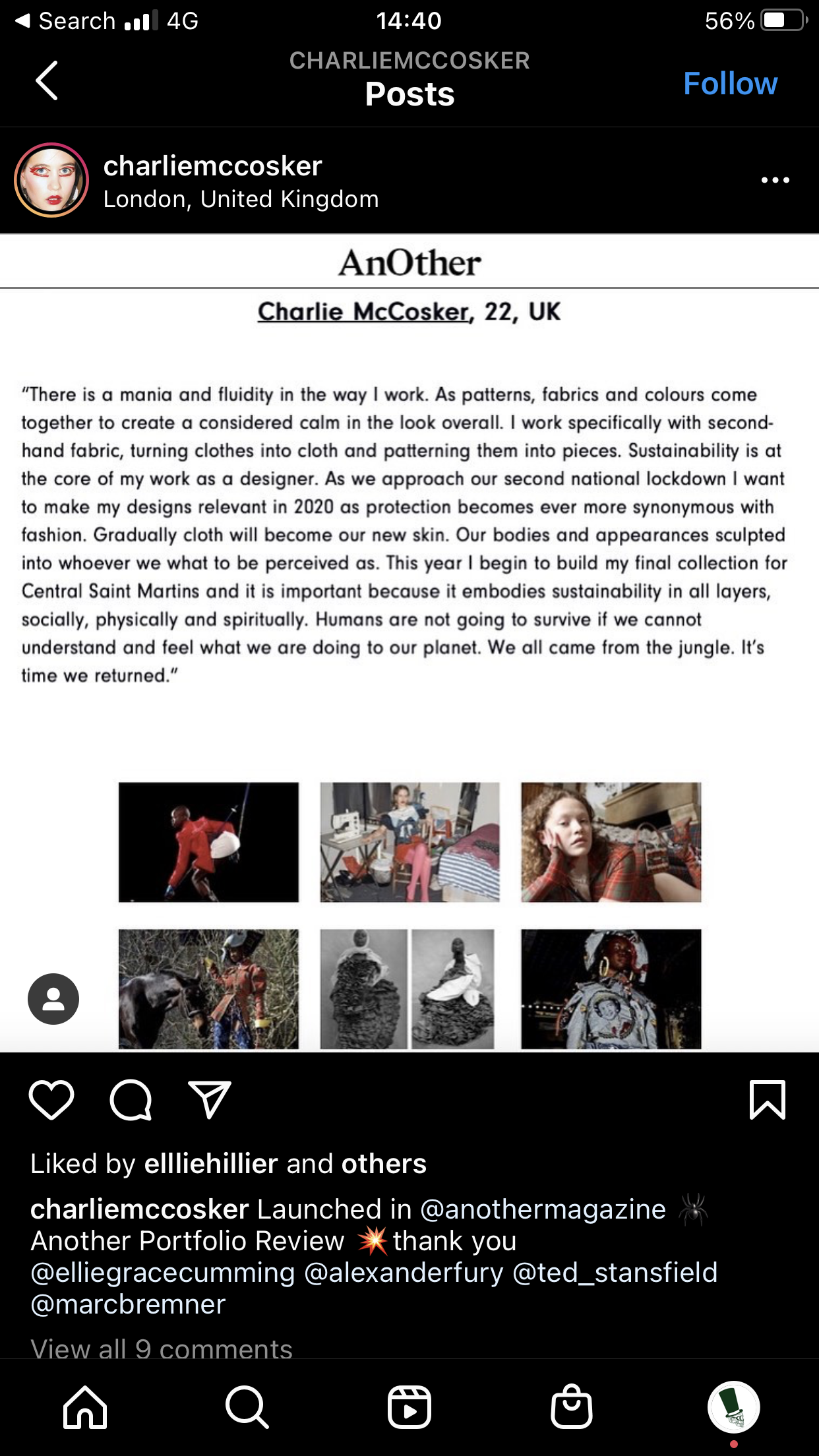 Instagram post with profile name charliemccosker from London, UK. Contains a text description about a designer's approach to sustainability and fashion, and a row of eight photos at the bottom showing various images of people, fashion, and nature.