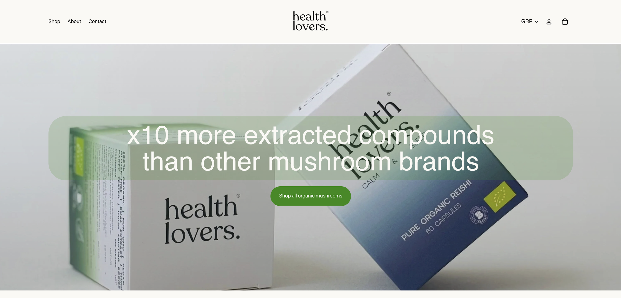 Boxes of mushroom supplements with text overlay stating 'x10 more extracted compounds than other mushroom brands' and a green button that says 'Shop all organic mushrooms'.