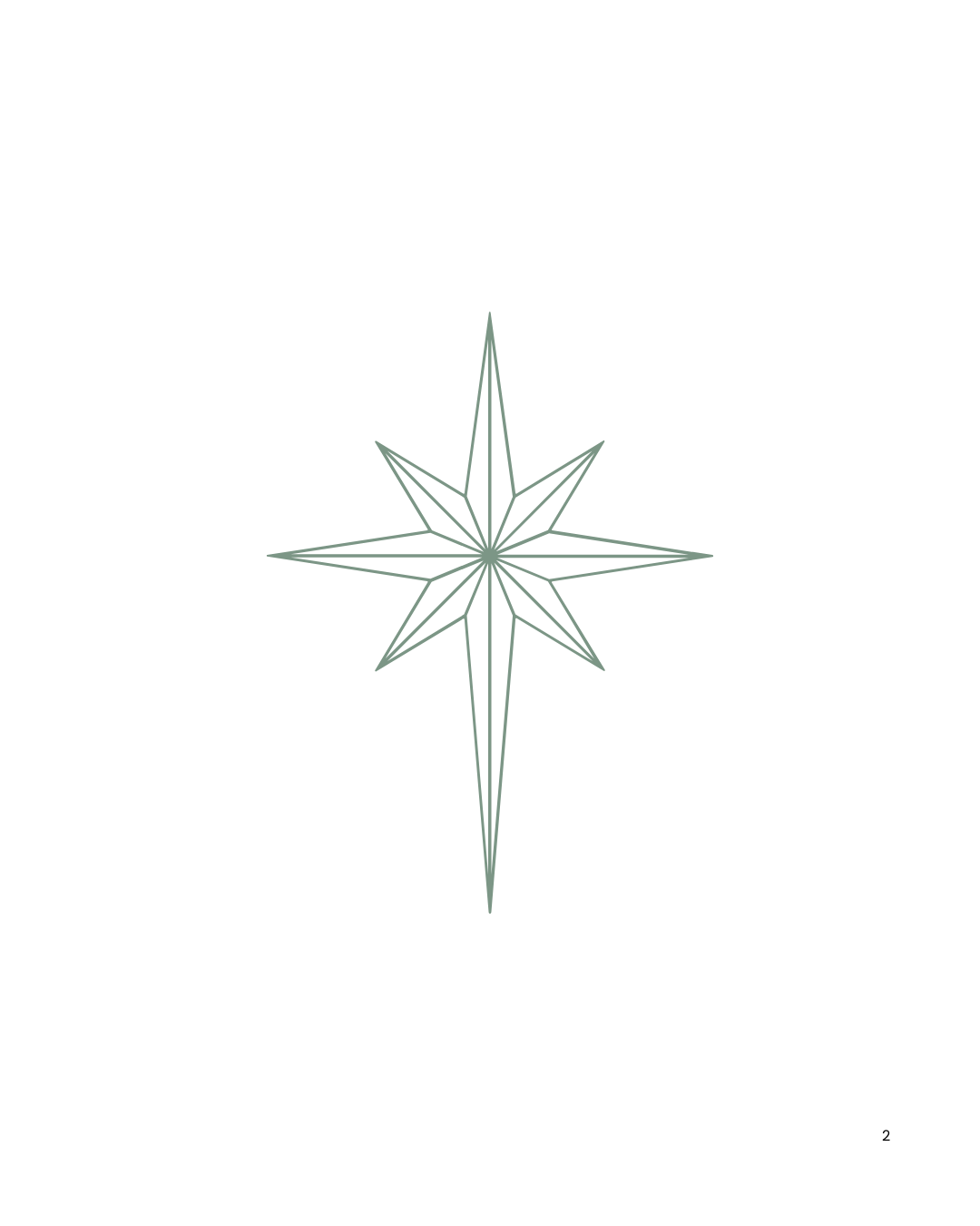 A graphic of a star-shaped compass rose with twelve points, outlined in light green on a black background.