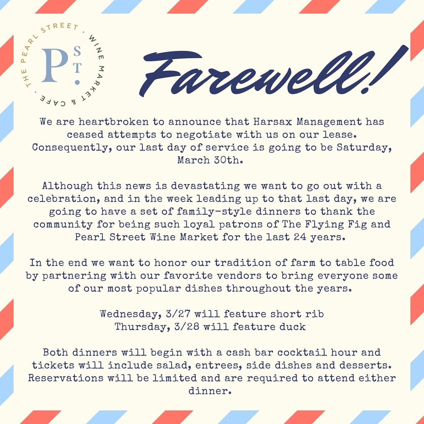 We are devastated to share this news but hope to celebrate our time here with all of you these last few weeks. Tickets for the dinners are linked in our bio.

#restaurantscle #theflyingfig #cleveland #supportsmallbusiness