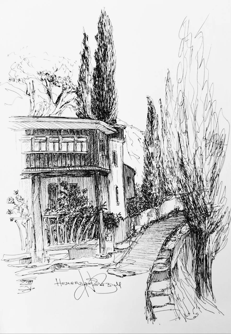 Кипариси. Gurzuf, 1910 рік · «Мій витончений Крим» · Графіка · Лінер / папір · 30 × 20 см
