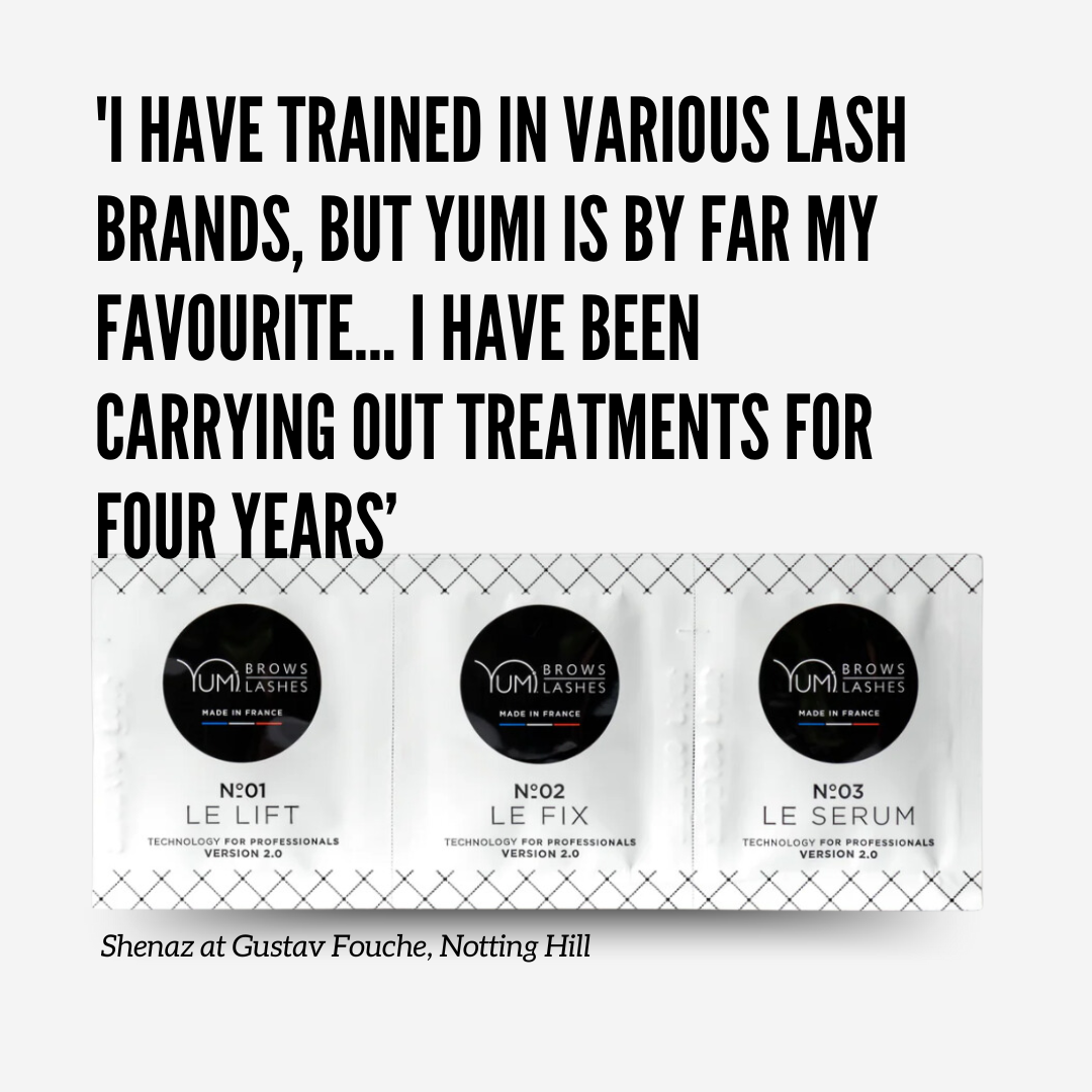 A testimonial quote about eyelash treatments by Shenaz at Gustav Fouche, Notting Hill, overlaid on a background that shows three small black and white cosmetic product packages labeled LE LIFT, LE FIX, and LE SERUM.