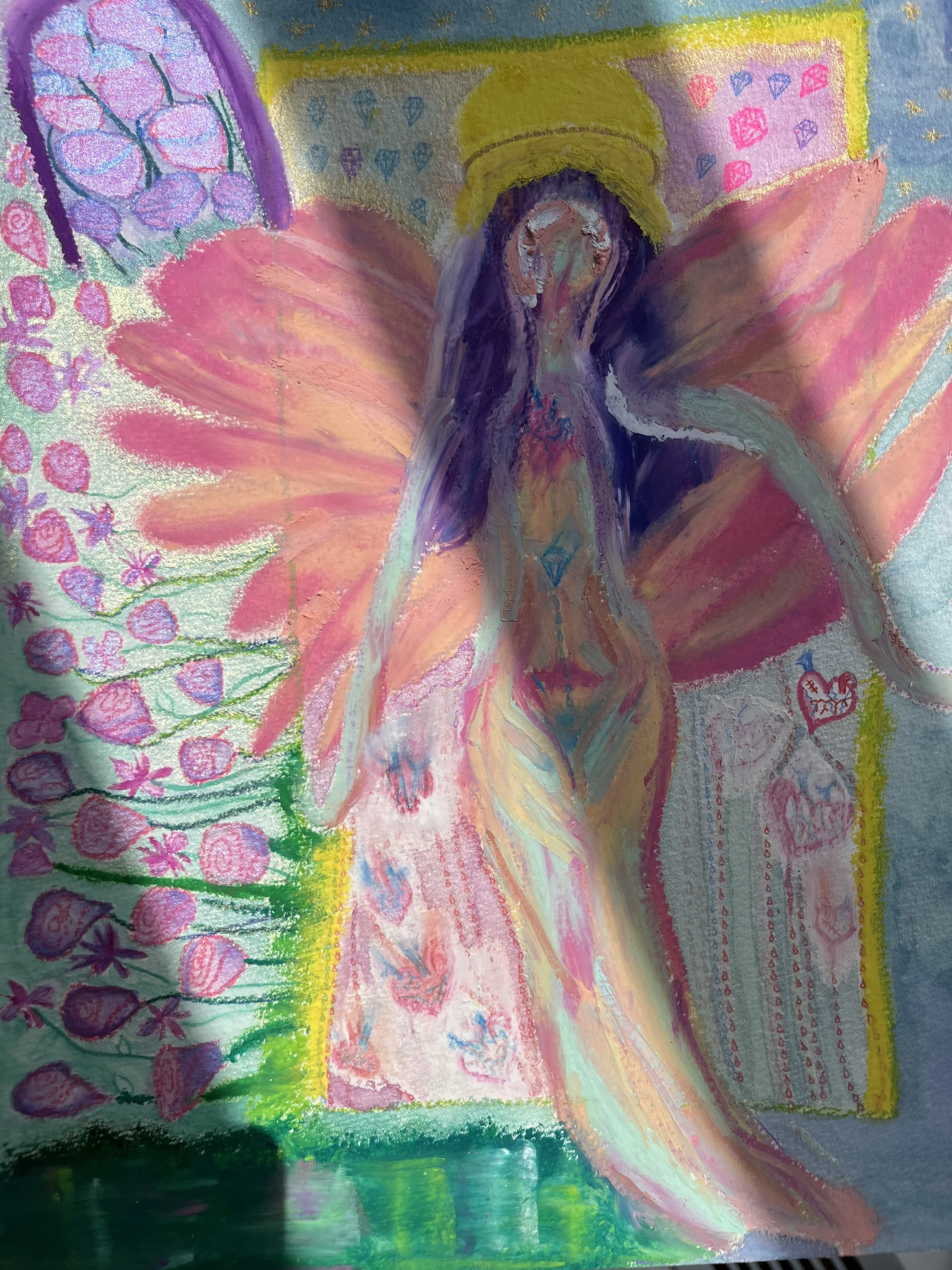 Grounded Angel, oil pastel, pencil and watercolor on paper, 9 x 12 inches