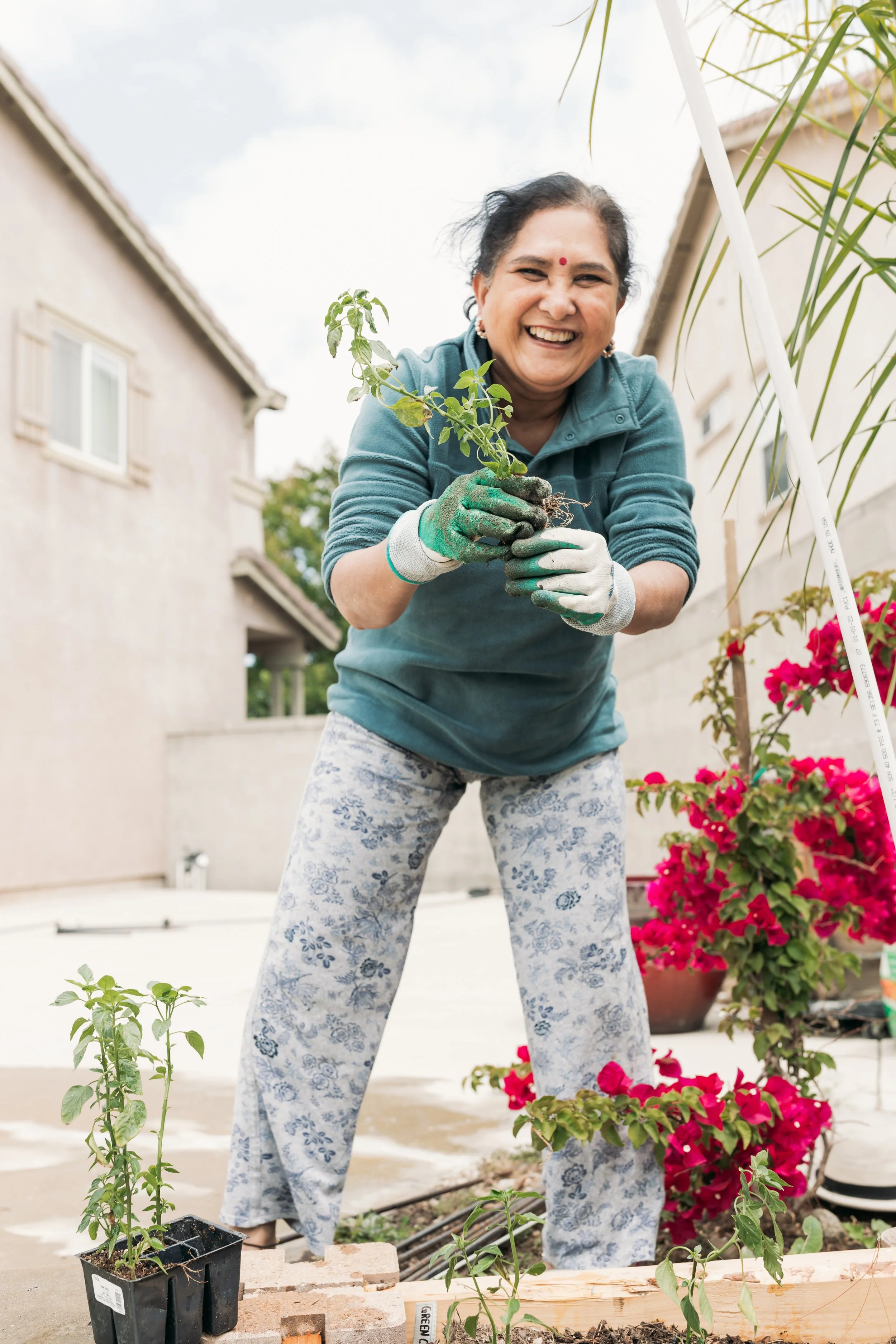 A woman smiling and planting a seedling in a garden during daytime.