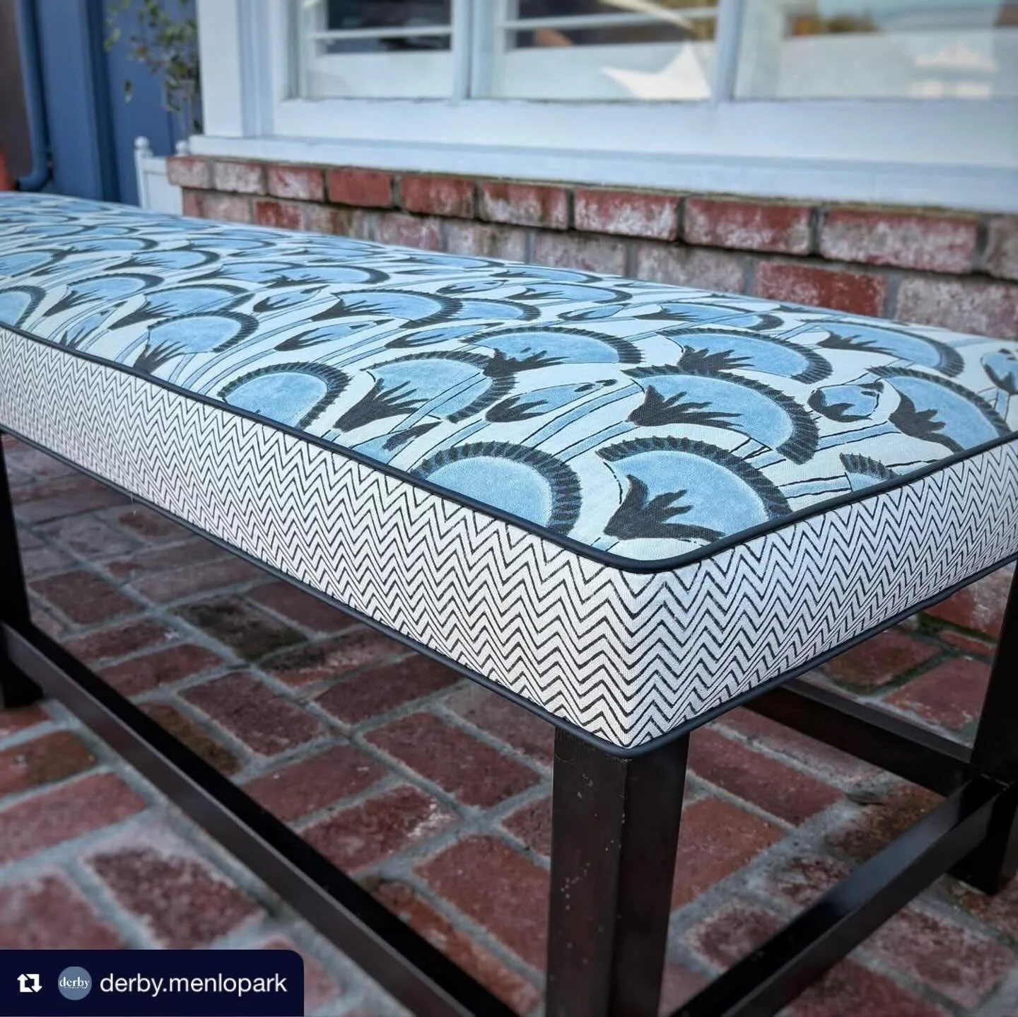 Repost from @derby.menlopark
&bull;
This bench just got the ultimate glow up! Reupholstered in a stunning @katieleedeandco fabric, finished with @schumacher1889 trim and a sleek @samuelandsons leather welt for that extra hint of sophistication. 

Swi