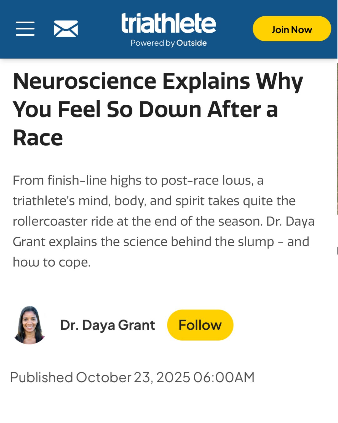 Oof. The post-race blues is a real phenomenon.⁠
⁠
After crossing the finish line with a rush of feel-good neurochemicals, it's common to experience a crash in the days or weeks following a highly anticipated race.⁠
⁠
Check out my latest article for @