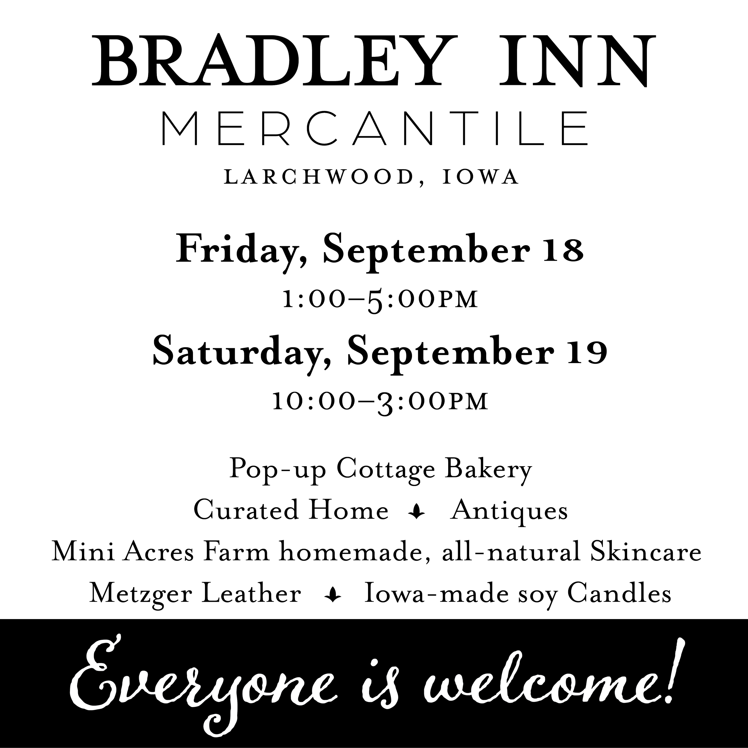 Event poster announcing a craft fair on September 18 and 19 at Bradleynn Mercantile in Larchwood, Iowa, featuring handcrafted, all-natural skincare, jewelry, gifts, candles, and antiques.