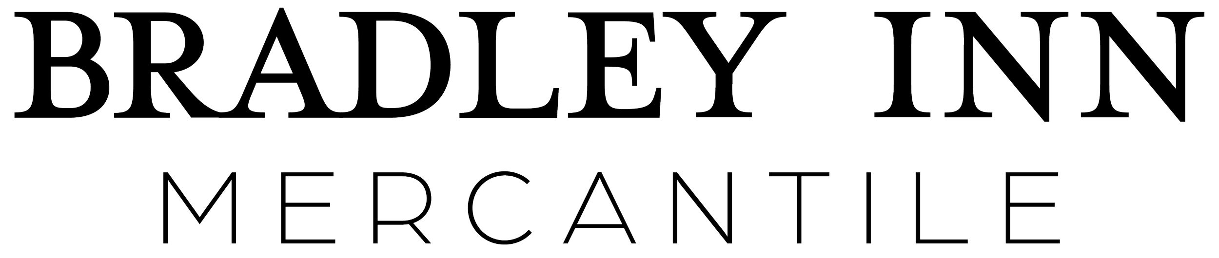 The logo features the words "Bradley Inn" in large outlined uppercase letters, with "Mercantile" written below in smaller outlined uppercase letters, all on a black background.