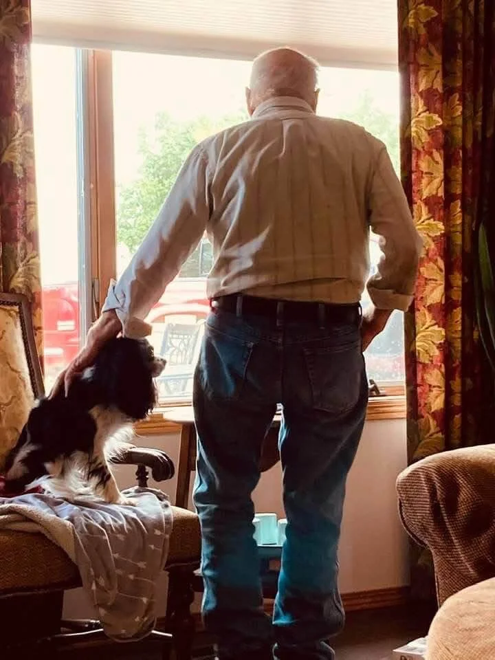 An elderly man with a bald head and white hair on the sides, wearing a light-colored shirt and dark jeans, stands by a window with floral curtains, petting a small black and white dog sitting on a chair. Outside the window, trees and sunlight are visible.