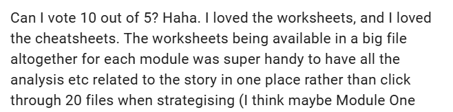 Image is of a testimonial highlighting how much they loved the worksheets and cheat sheets