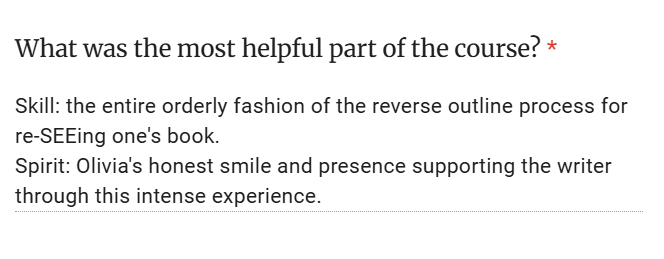 Image is of a testimonial highlighting the helpfulness of the step-by-step process for seeing the book in a different way and the support and encouragement that Olivia gave throughout.