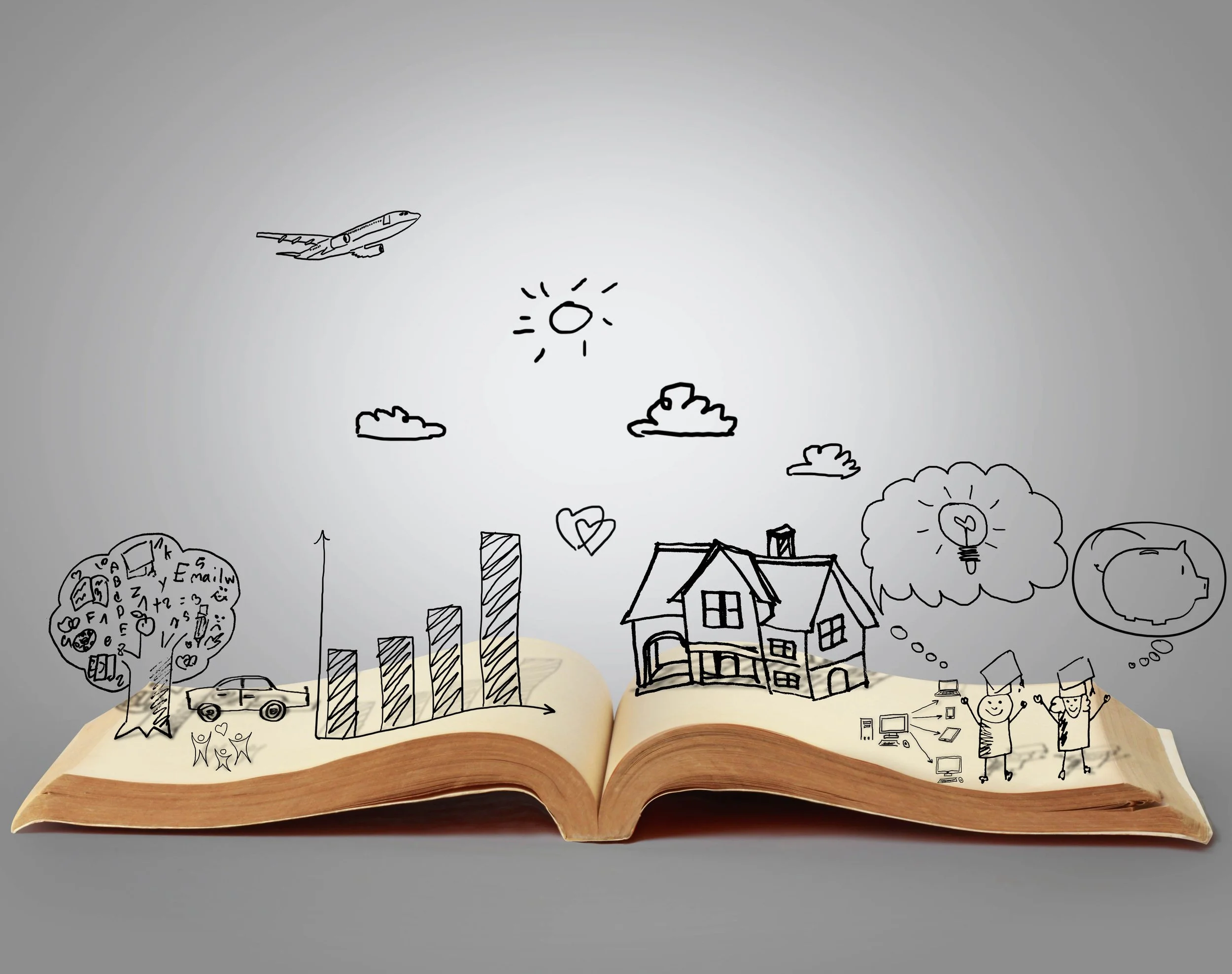An open book with pencil line drawings of houses and other buildings coming off the pages.