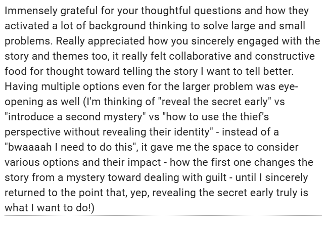 Image is of a testimonial highlighting  the helpfulness of the analysis questions and Olivia's sincere engagement with this writer's story and the helpfulness of getting multiple revision suggestions from Olivia.