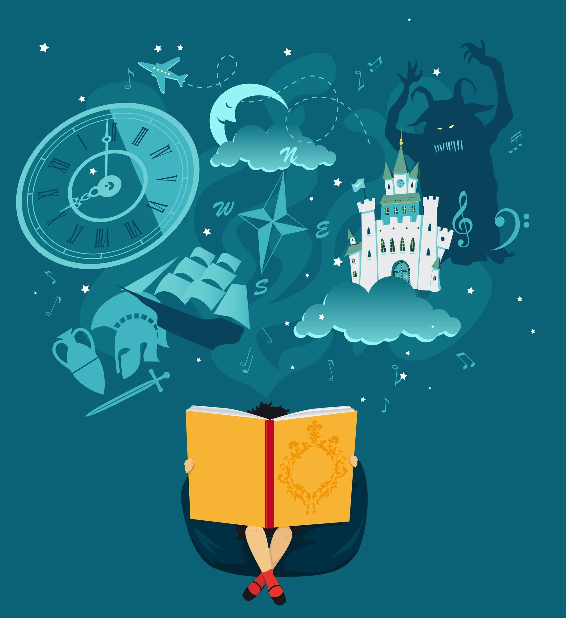An illustration of a child holding a book as fantastical images float in the air above her head.