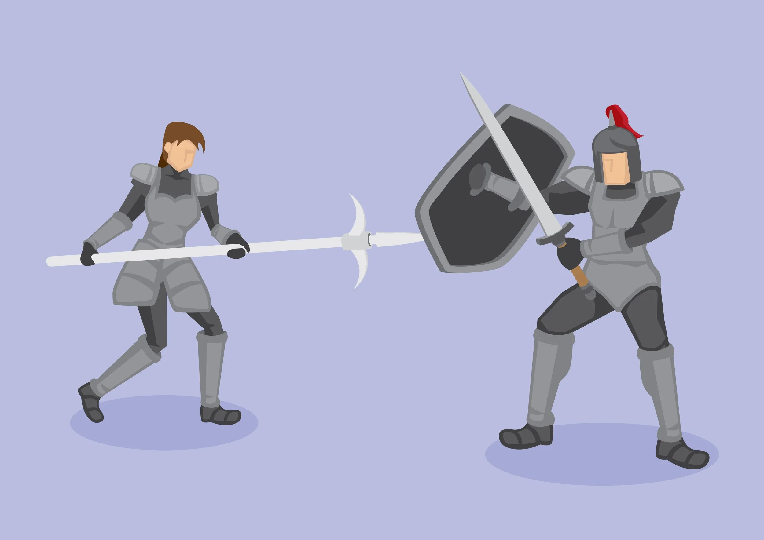 Cartoon illustrated knights battle each other on a blue background.