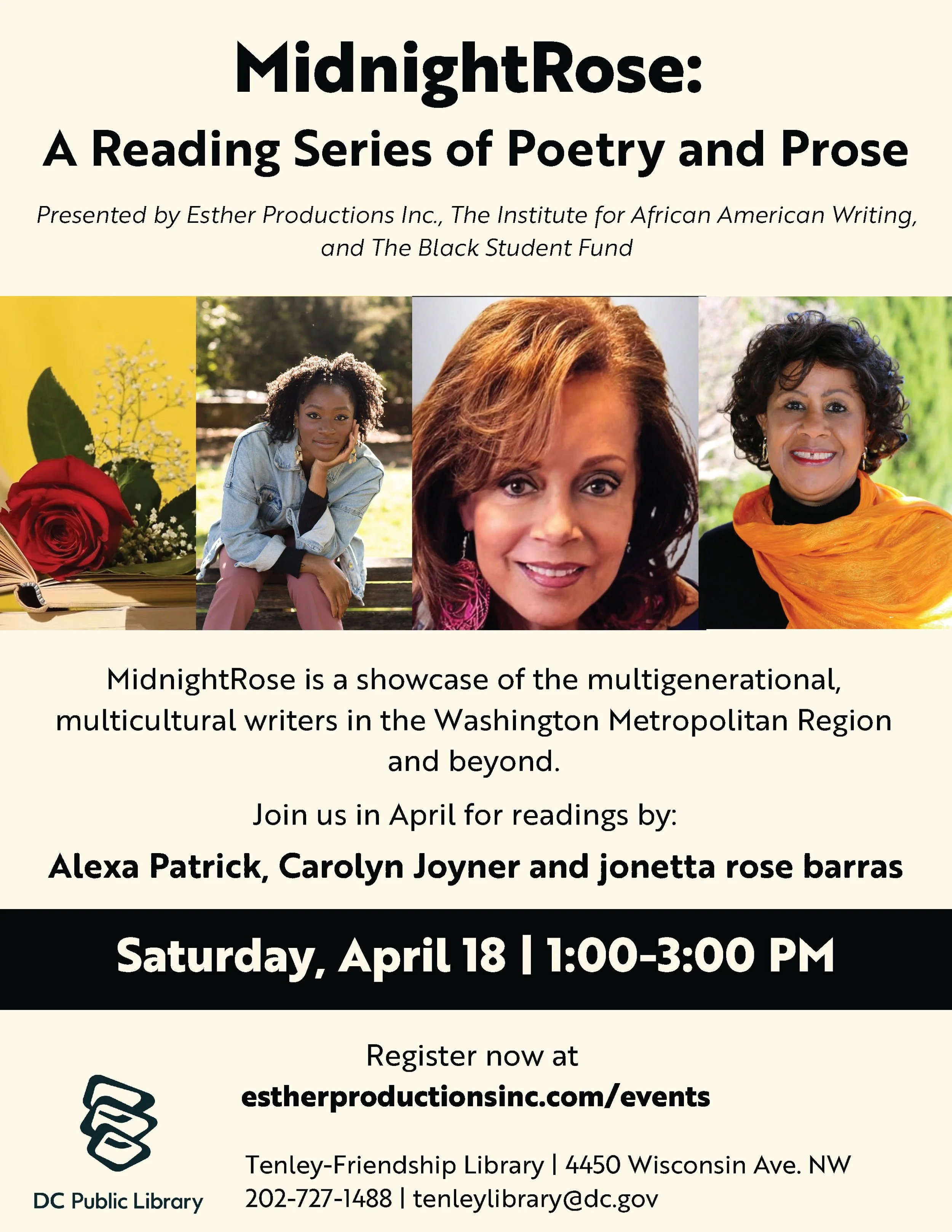MidnightRose: A Reading Series of Poetry & Prose features Alexa Patrick, Carolyn Joyner and jonetta rose barras