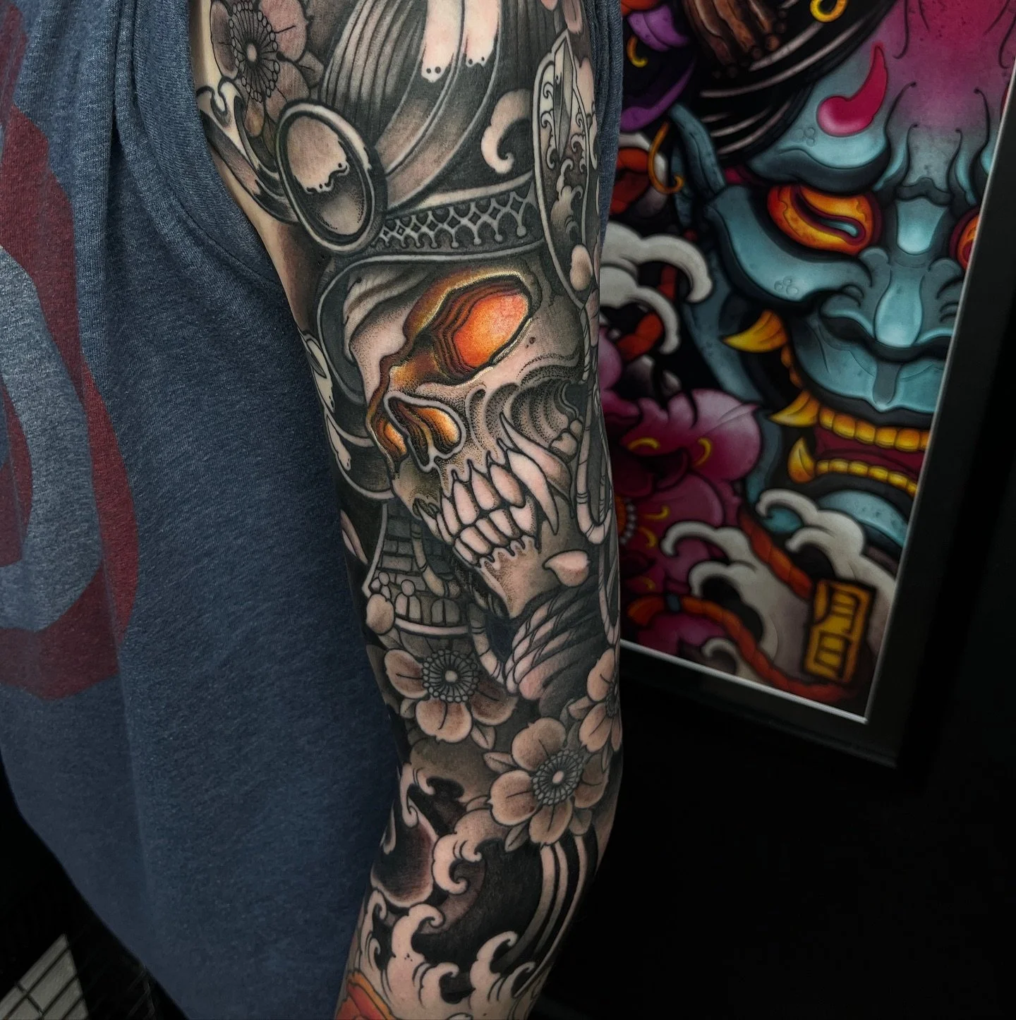 Demon samurai for @j_l0rimer . This guy can take some serious pain! 🤘 next time we colour the flowers and do the inner bicep. Thanks to @holymountainsupplies for the carts at the tattoo show ❤️ 
#samuraitattoo #orientaltattoo #japanesetattoo #irezu
