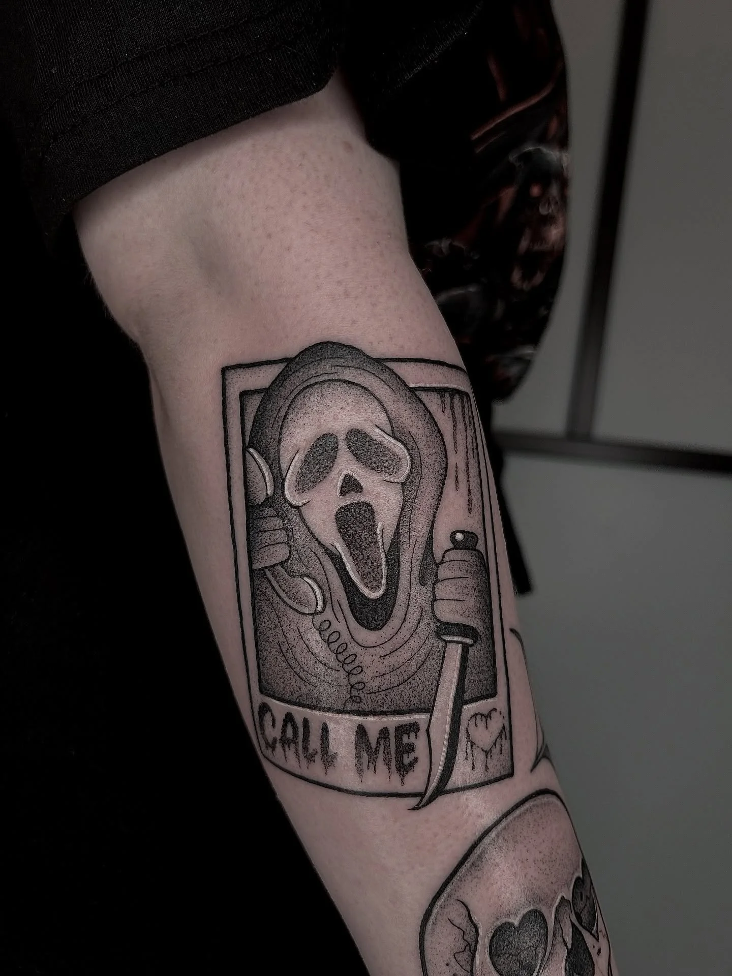 Ghostface/skull/tooth added to @squishyorgans arm! With a healed bat from 3 months ago 
Message me to book in!
✨Blackwork/ornamental/dotwork tattoos✨ 
#belfast #belfasttattoo #belfasttattoos