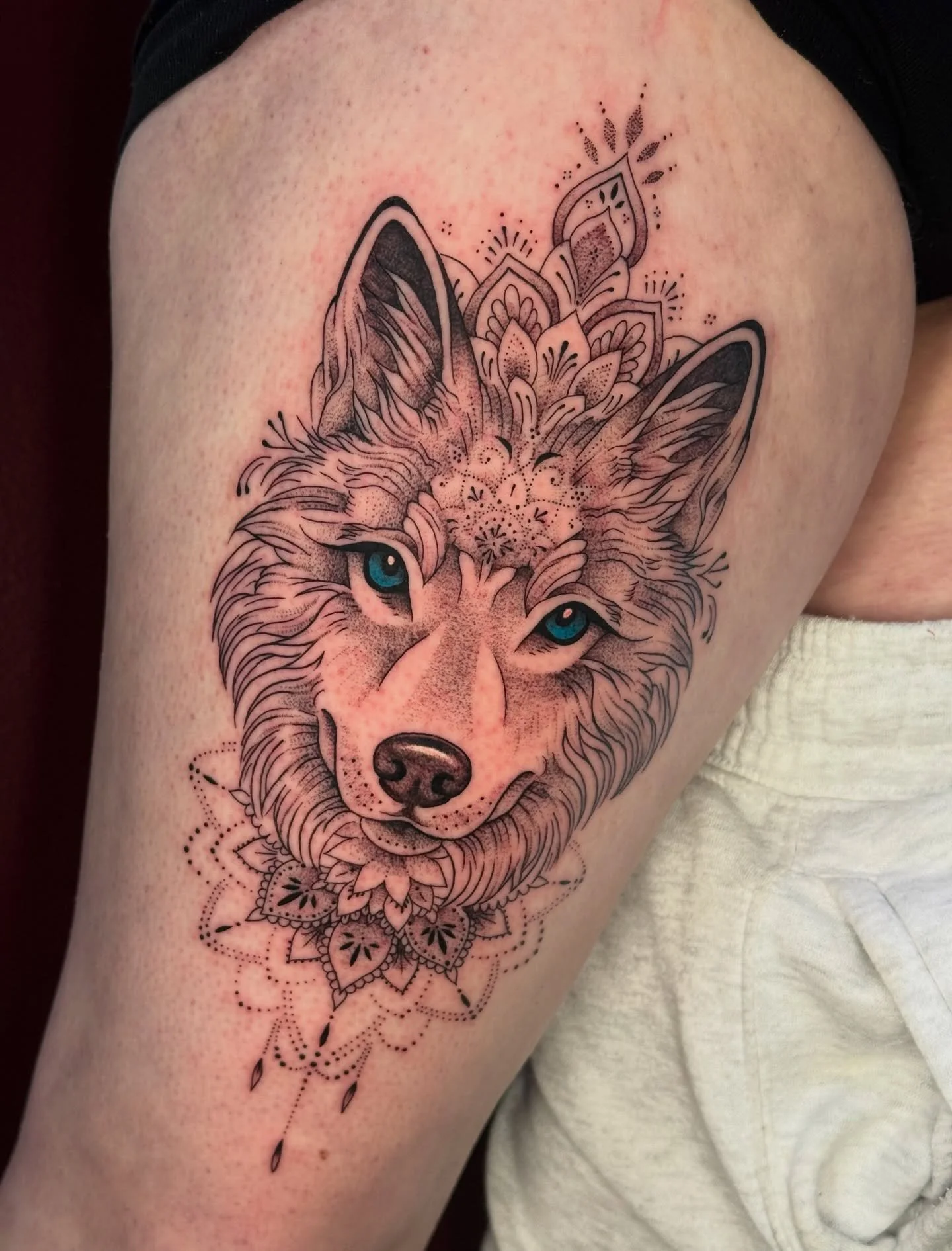 Had the pleasure to do this beautiful design last weekend
Thank you so much for your trust Kirsty 
#newtattoo #wolftattoo #mydesign #feminine #delicatetattoo #blueeyes