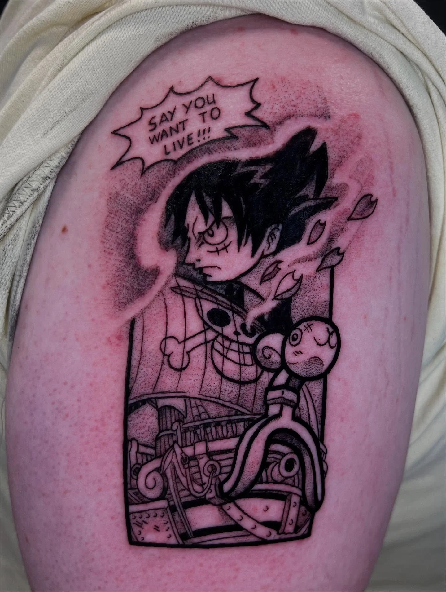 Got to do this Enies Lobby panel for Oran today for his tattoo and he sat like a champ!! Cheers for coming in mate! 
#onepiece #luffy #monkeydluffy #robin #enieslobby #goingmerry #anime #animes #animetattoo #animetattoos #animetattooartist #animetat