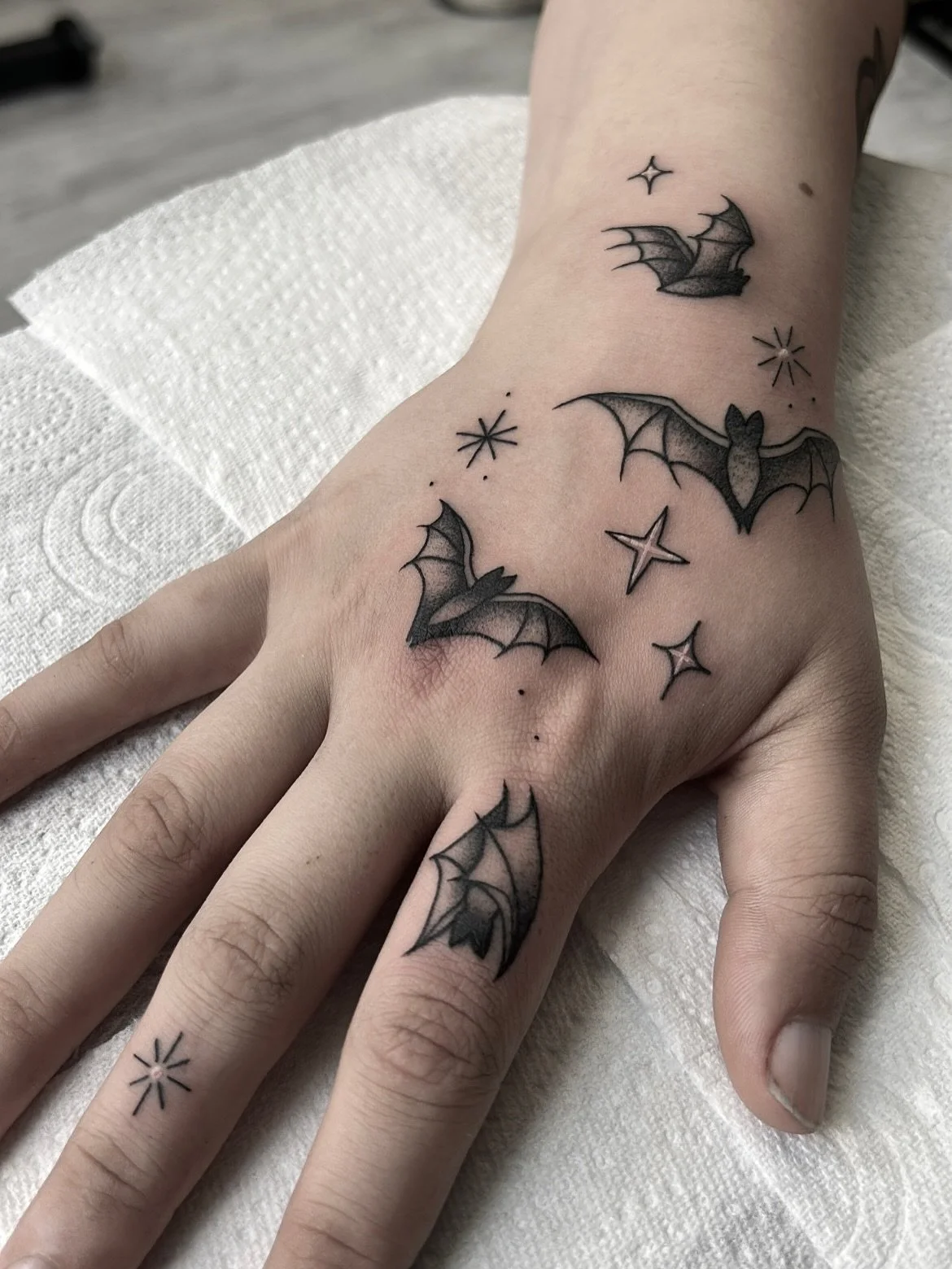 Elegant hand adornment for fellow bat lover @ritualmeg 🦇🖤 thanks as always 🫶🏻
Also a healed pic✨
Message me to book in!
✨Blackwork/ornamental/dotwork tattoos✨ 
#belfast #belfasttattoo #belfasttattoos