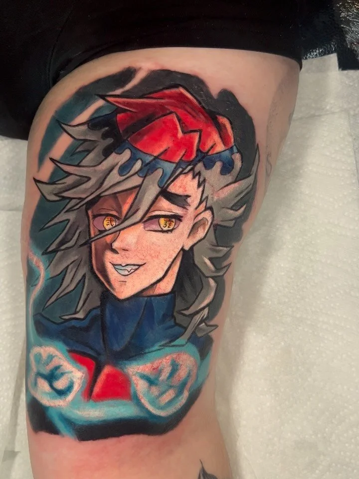 Got to do this Upper Moon 2 Douma and his blood art for Reese today!! Had a lot of fun, tender spot but she sat like a demon slayer corps member for it! 
Loving this run of amazing work my clients are giving me, life’s fuuuuuuckin awesome!!!!