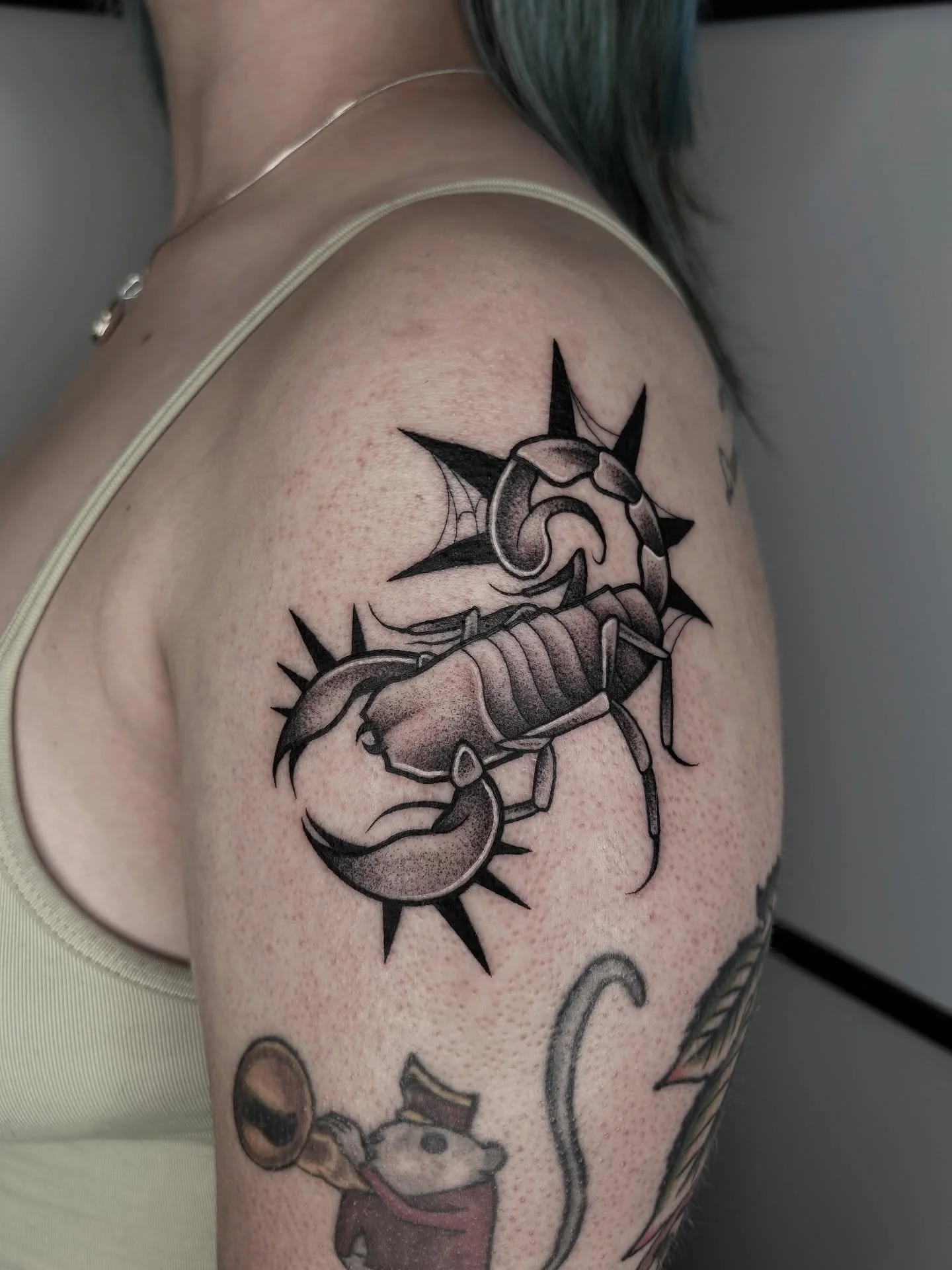 Spikey boy for @naomi.niemann3 🦂 loved doing this, thanks 🫶🏻
Message me to book in!
✨Blackwork/ornamental/dotwork tattoos✨ 
#belfast #belfasttattoo #belfasttattoos