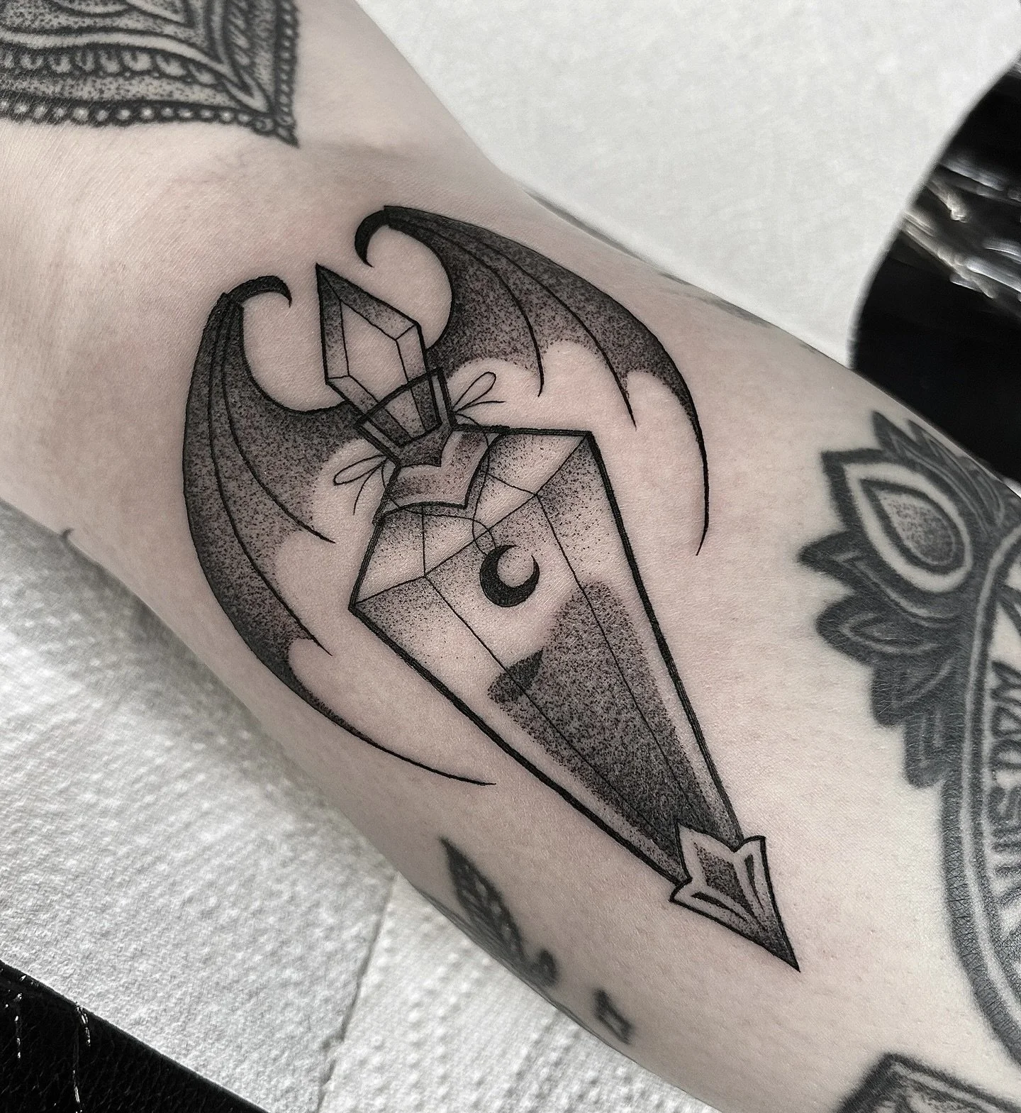 Potion bottle from my flash 🧪🦇 for @kirstylennon 🖤 thanks! 
Message me to book in!
✨Blackwork/ornamental/dotwork tattoos✨ 
#belfast #belfasttattoo #belfasttattoos