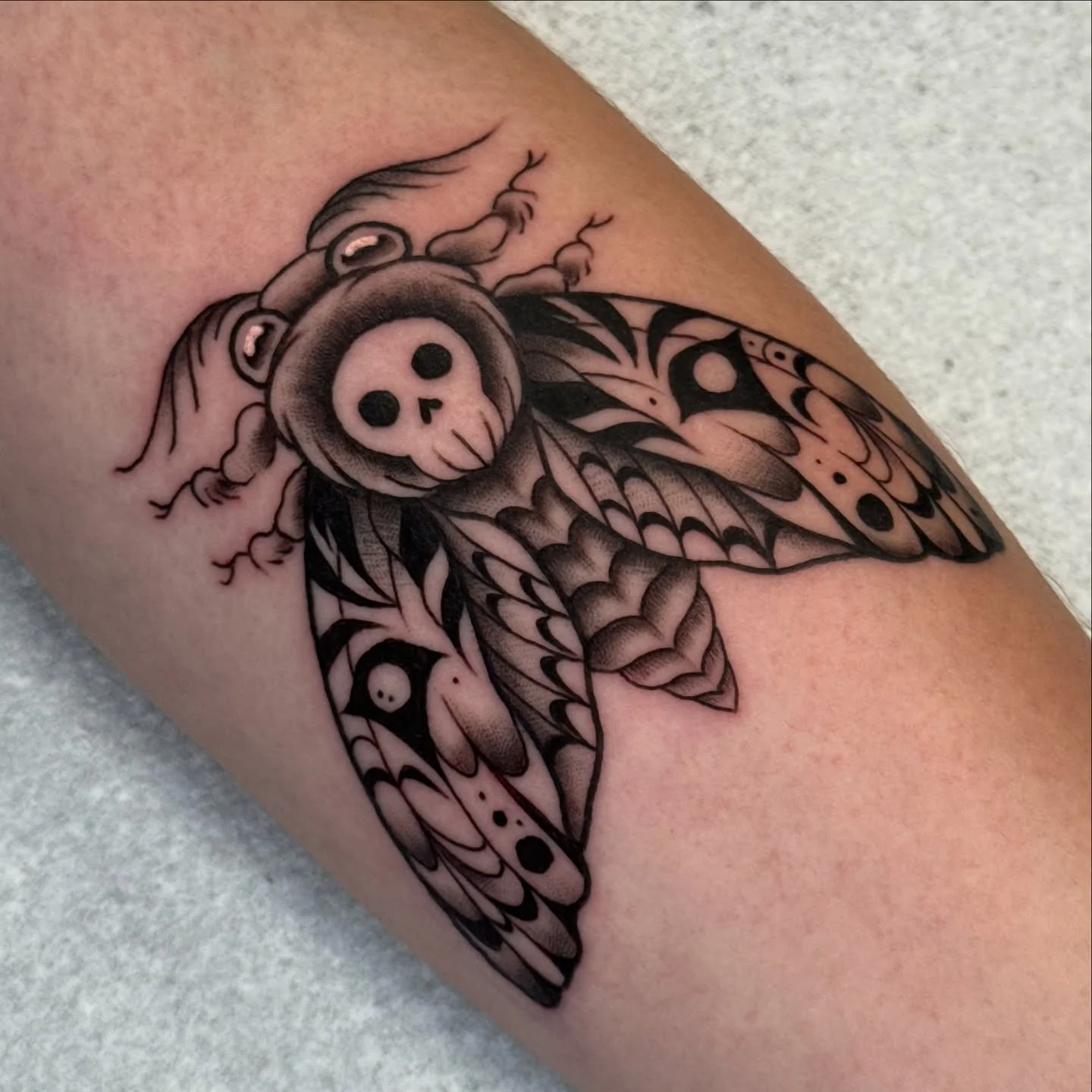 🦋💀 Deaths Head Moth 💀🦋
.
.
Stills from a super fun moth tattoo I did for @low_quality_skye at @skullandbonestattoosociety 
.
.
.
.
#deathheadmothtattoo #deathheadmoth #mothtattoo #tattoo #moth #tattoos #bugtattoo #blackandgreytattoo #insecttattoo
