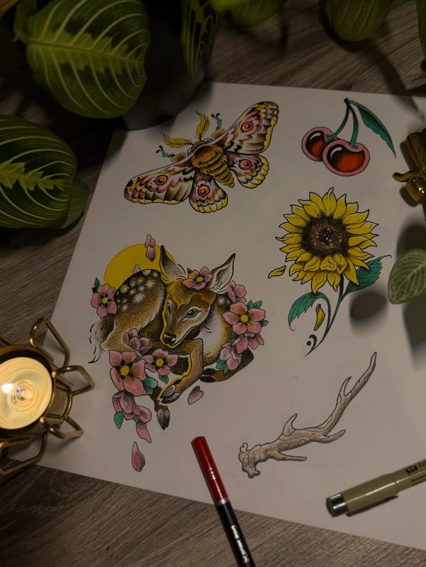 🌸some cute flash🍒
.
.
Drawn in pencil✏️ 
Dm to claim or book using the jot form/ also available in black and grey
.
.
#cherry #faun #sunflower #mothtattoo mo