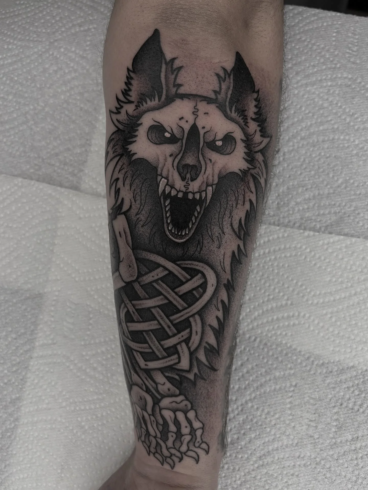 C&ugrave;-S&igrave;th for @ardan.mccarthy, thanks!! 🐺💀

Message me to book in!
✨Blackwork/ornamental/dotwork tattoos✨ 

#belfast #belfasttattoo #belfasttattoos