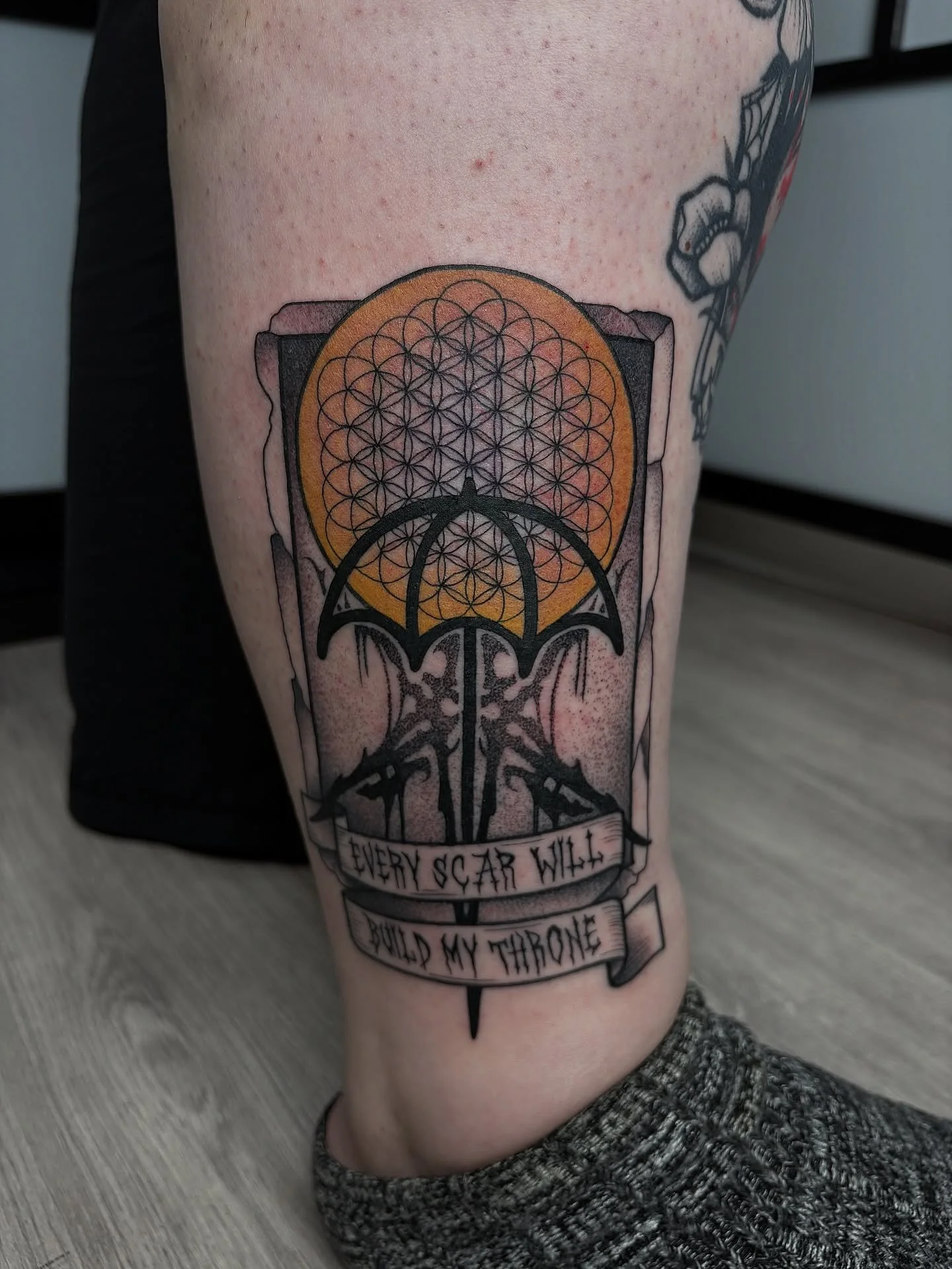 BMTH tarot card for @bekkah321 🔥
Bekkah&rsquo;s going for a music tarot theme for her leg, MCR card healed 3 years :) 

Message me to book in!
✨Blackwork/ornamental/dotwork tattoos✨ 

#belfast #belfasttattoo #belfasttattoos #BMTH #tarotcardtattoo