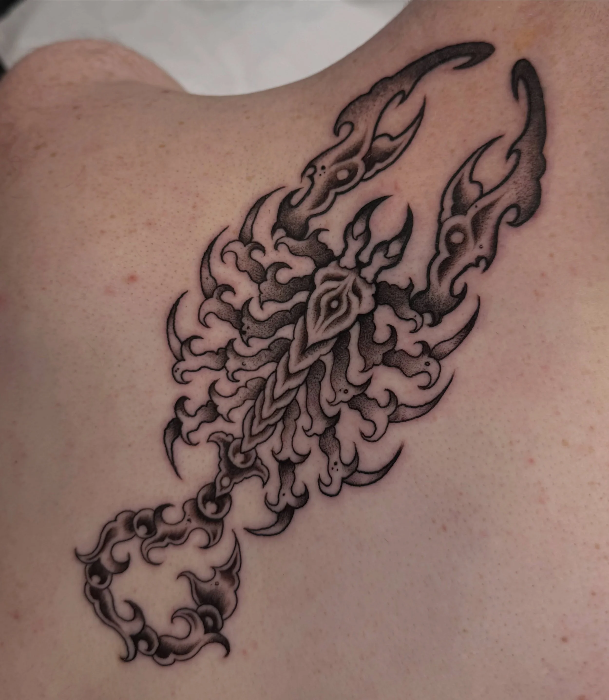 🦂scorpion🦂
.
.
First back tattoo for @dylan_bamber2004 who sat like a rock! Thanks so much for the fun request 🤘 
.
#blackwork #scorpion #scorpiontattoo #backtattoo #tattooideas