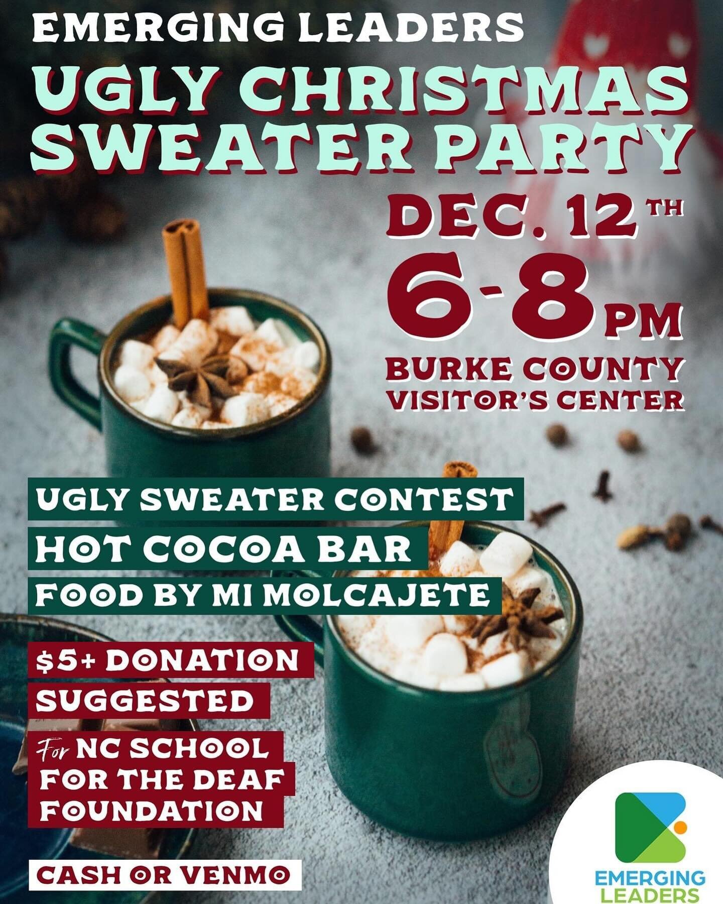 🎄🪩 Join us for our Emerging Leaders Ugly Christmas Sweater Party at the new @discoverburkecounty office in @downtown_motown (140 N Sterling St) on Tuesday, December 12th from 6-8 pm!!
Wear your ugliest Christmas sweater for your chance to win our u