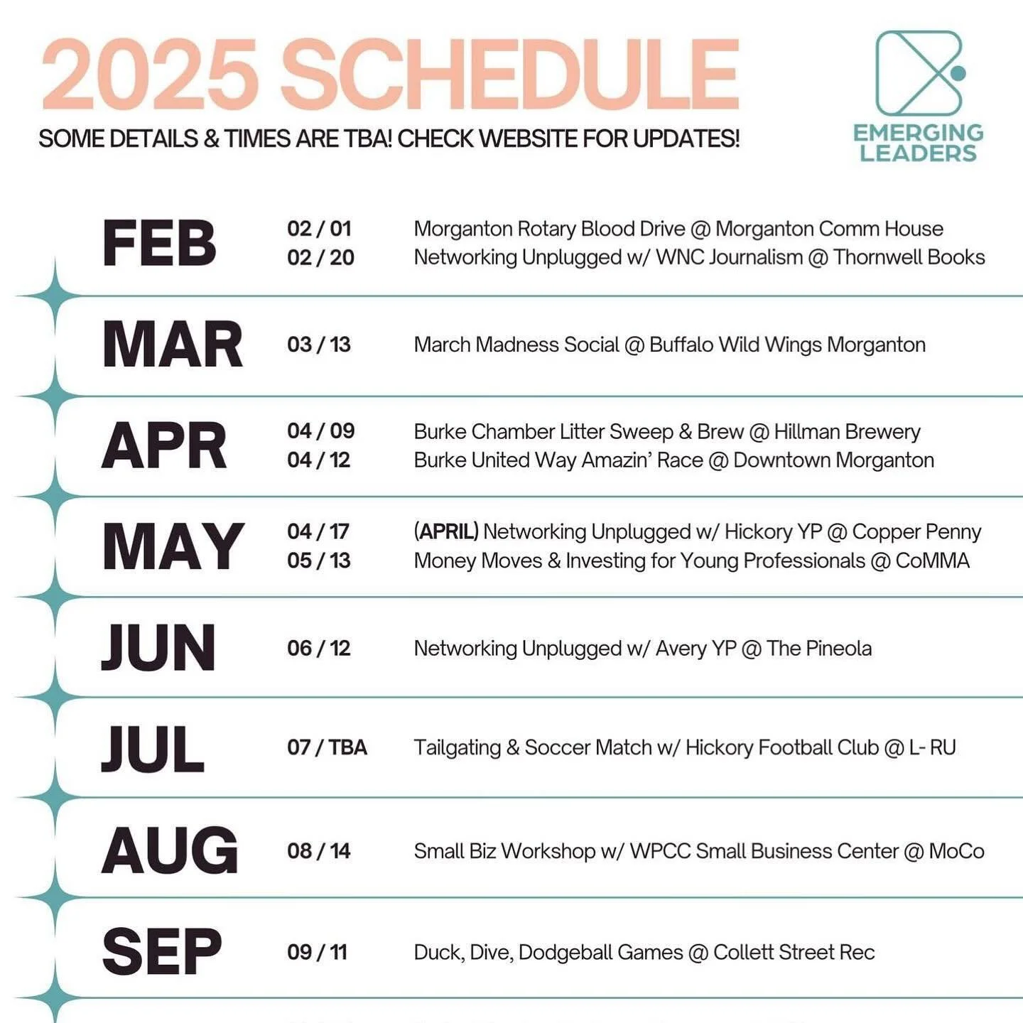 New Year new events, ya&rsquo;ll!
Check out our 2025 Schedule ✨Overview✨!!
Times and some details are TBA. So stay updated here or on our FB. Also if you don&rsquo;t already receive our email updates, sign up at the link in bio!