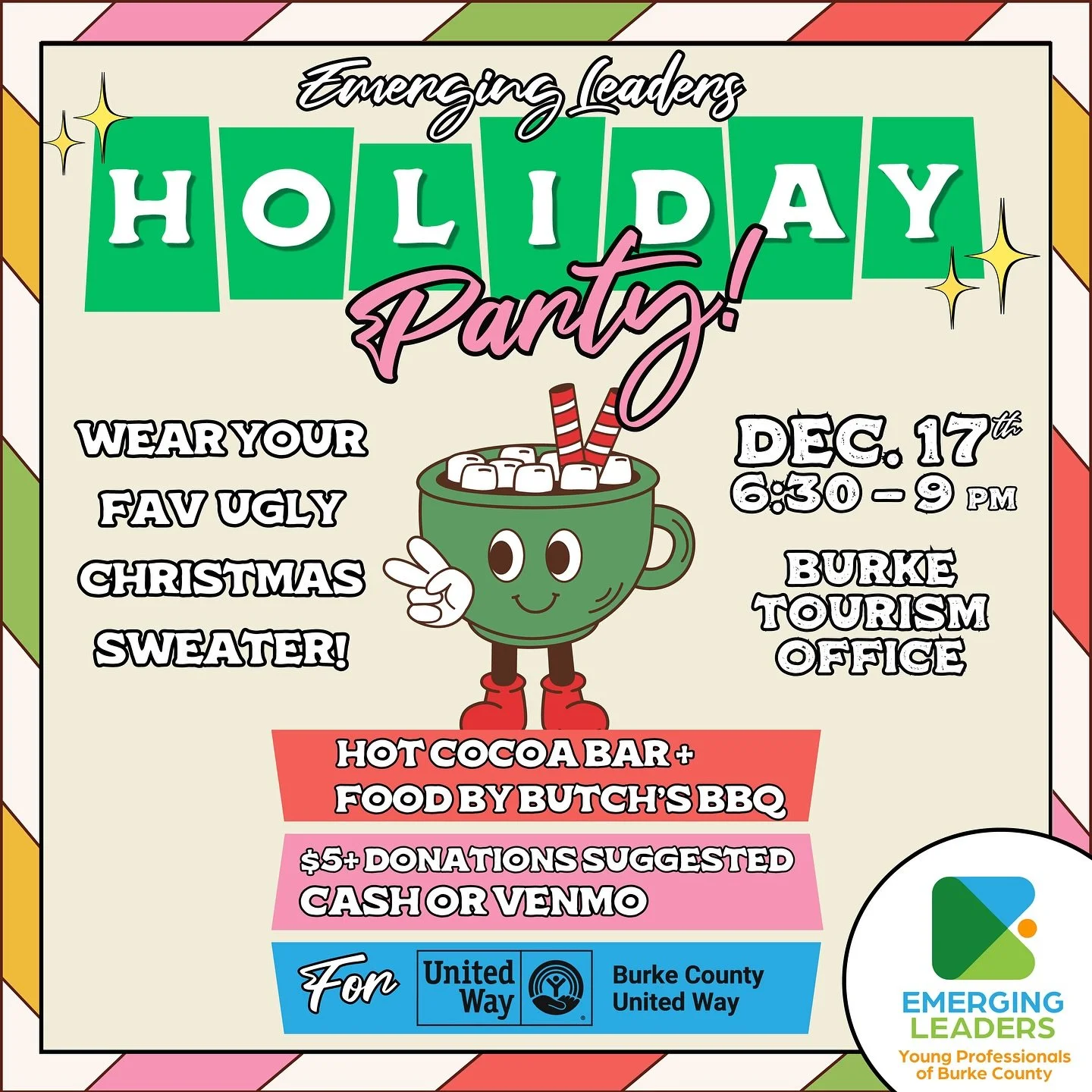 Join us next week for the Emerging Leaders Holiday Party! ❄️ 

When: Tuesday, December 17th from 6:30-9pm
Where: Burke County Tourism Office (140 N Sterling Street) in Downtown Morganton

Come wearing your favorite ugly Christmas sweater and enjoy ou