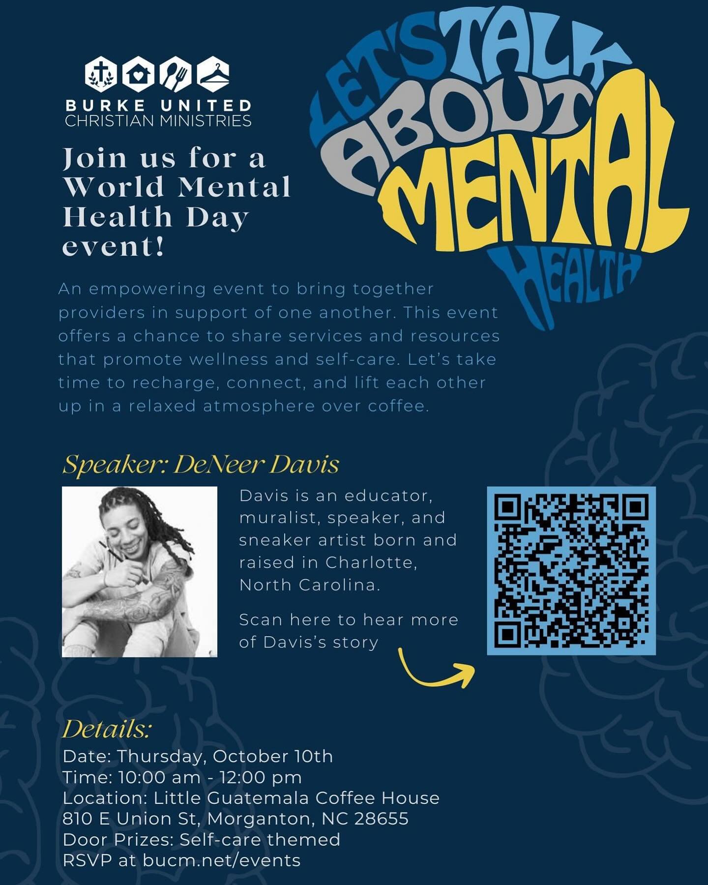 It is #mentalhealthawareness week.💛
Join Burke United Christian Ministries @burkeunitedchristianministries this Thursday, October 10th, for a special event designed to promote wellness and self-care among providers.