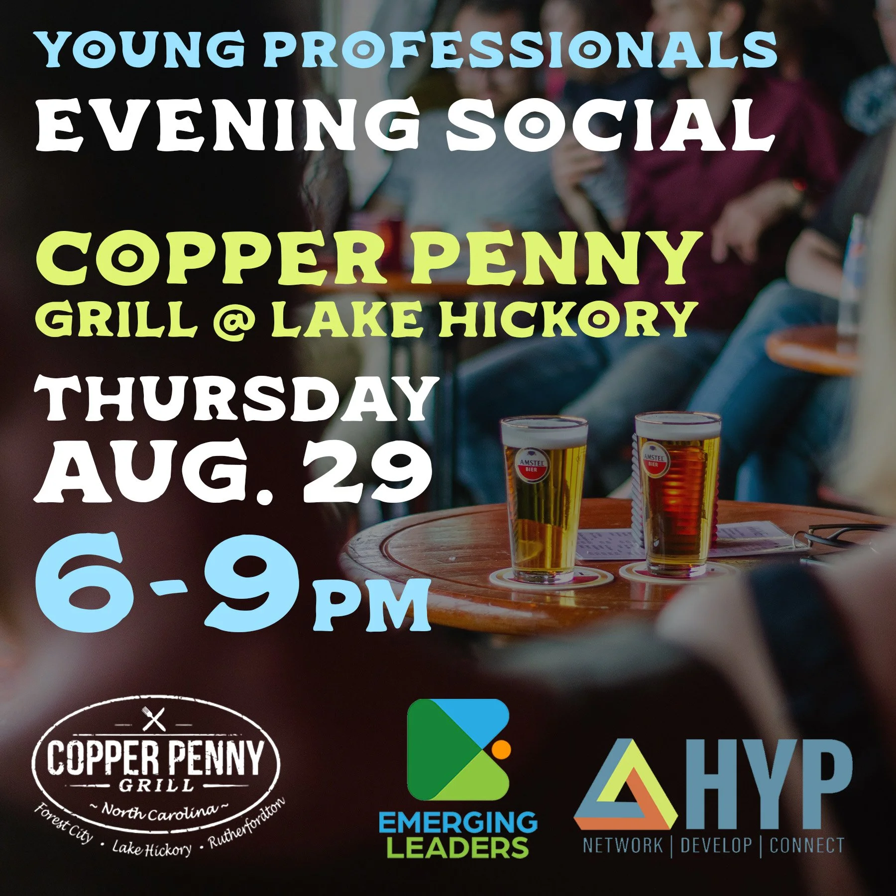 Excuse the pun, but we are HYPed to be getting together with our pals over in Catawba County, @hickoryyoungprofessionals, for a joint social out at the beautiful Copper Penny Grill Lake Hickory @copperpennylakehickory (101 Catawba Ave Hickory)! Join 