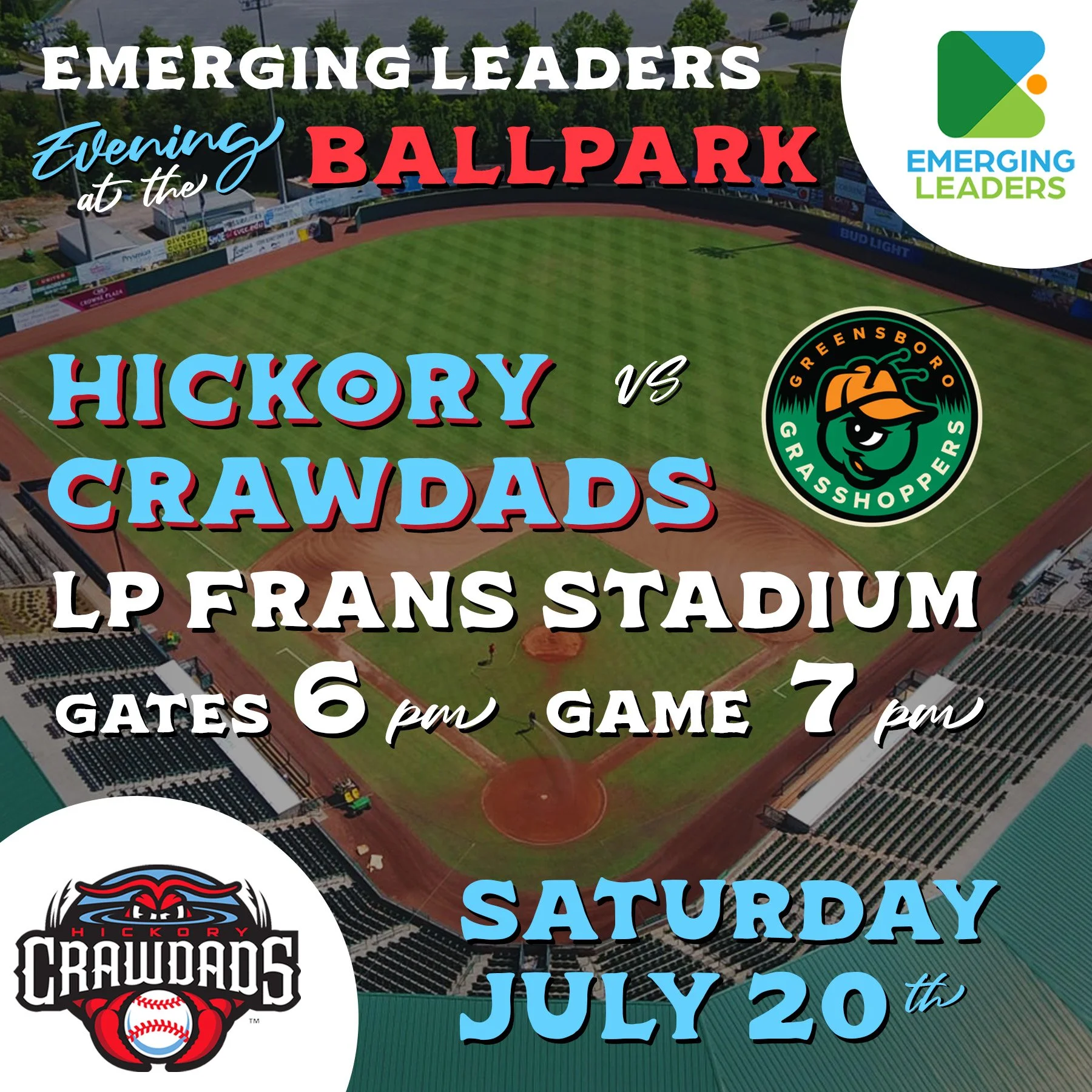 🎼Taaaaake me out to the... Emerging Leaders Evening at the Ballpark! 
🦞 Join us next Saturday, July 20th for @hickorycrawdads vs Greensboro Grasshoppers at LP Frans Stadium!
The gates open at 6 PM and the game starts at 7 PM. We will be at the Part